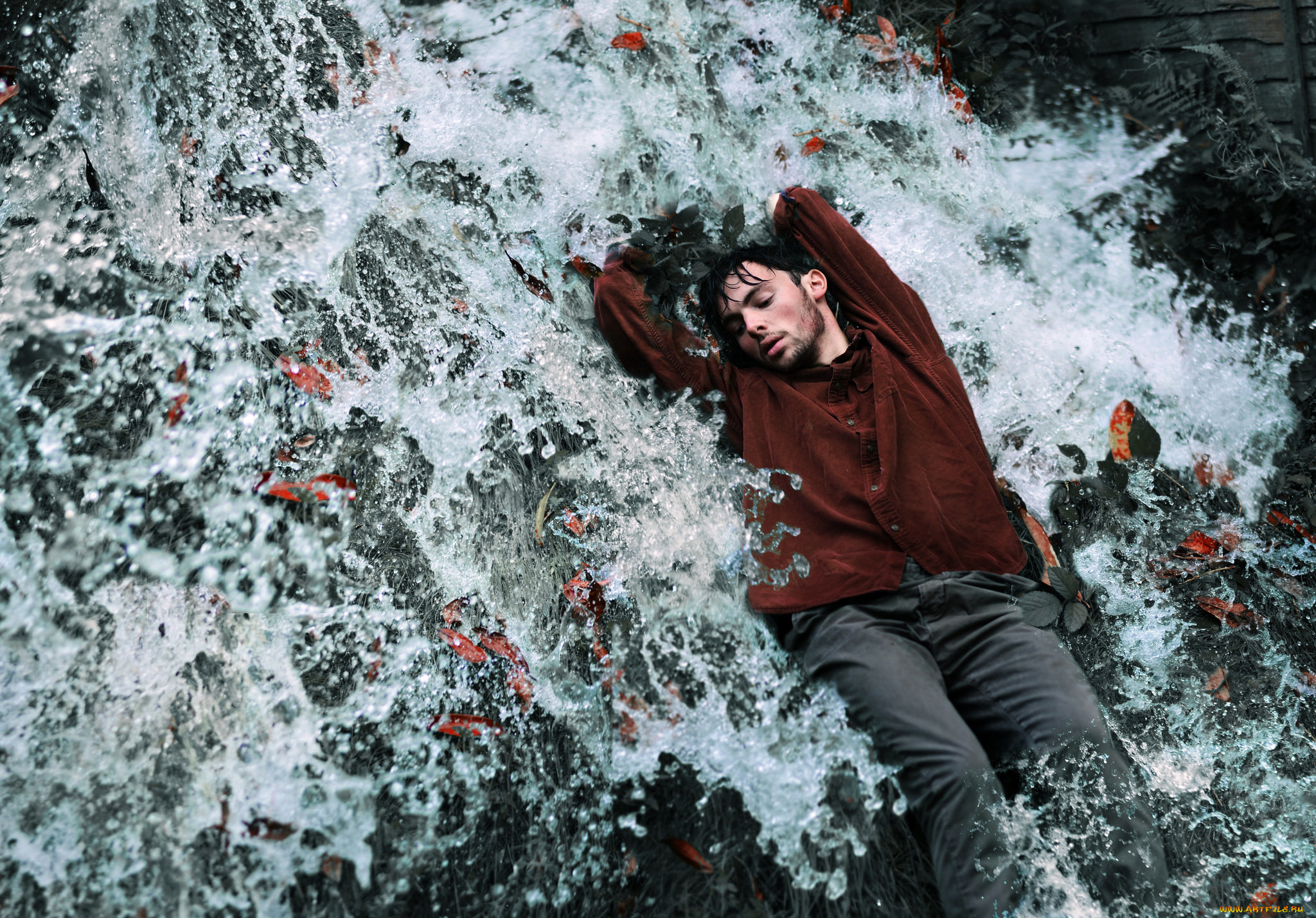 мужчины, -, unsort, вода, парень, листья, осень, поток