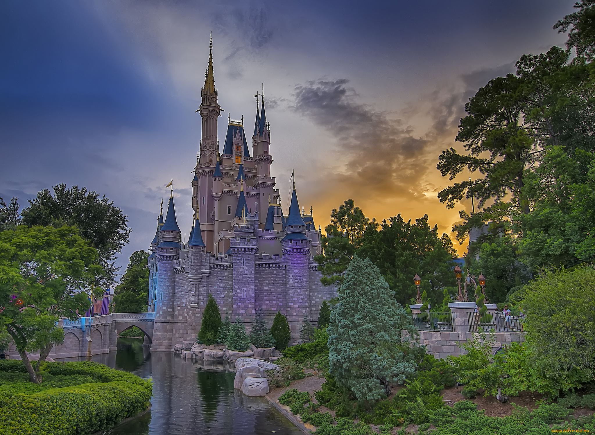 castle, sunset, города, диснейленд, замок, парк