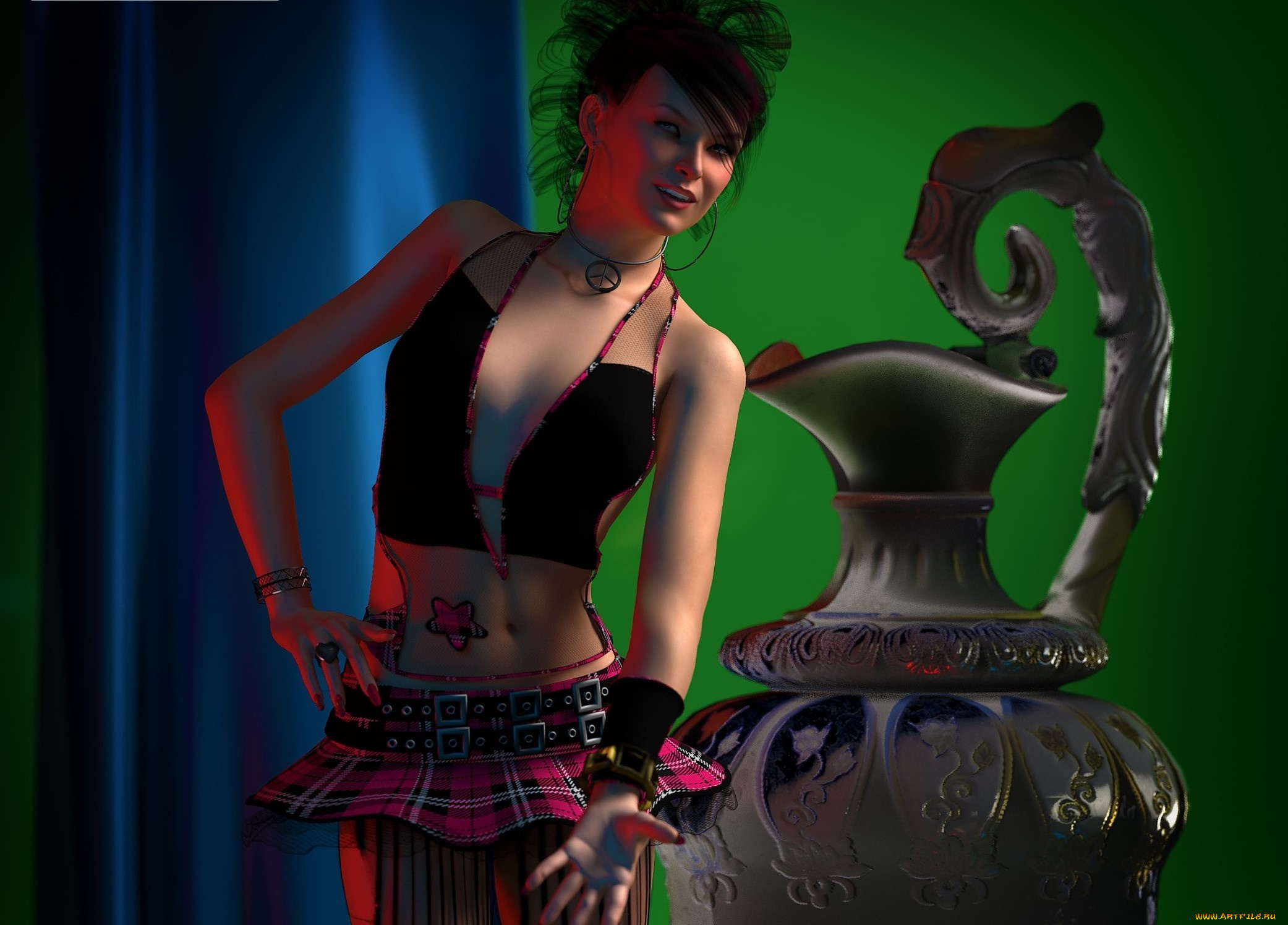 3д, графика, люди, , people, фон, взгляд, улыбка, амфора, девушка