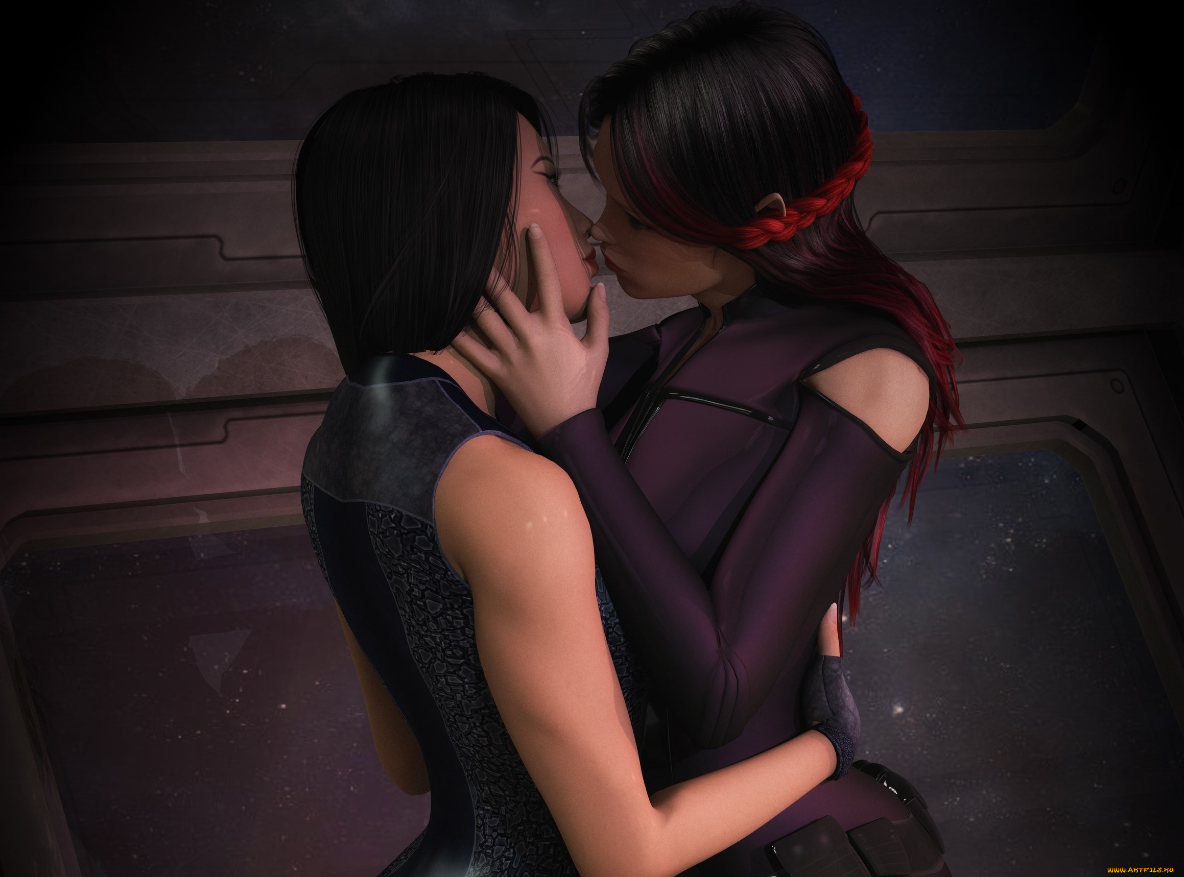 3д, графика, люди, , people, поцелуй, девушки, фон, взгляд