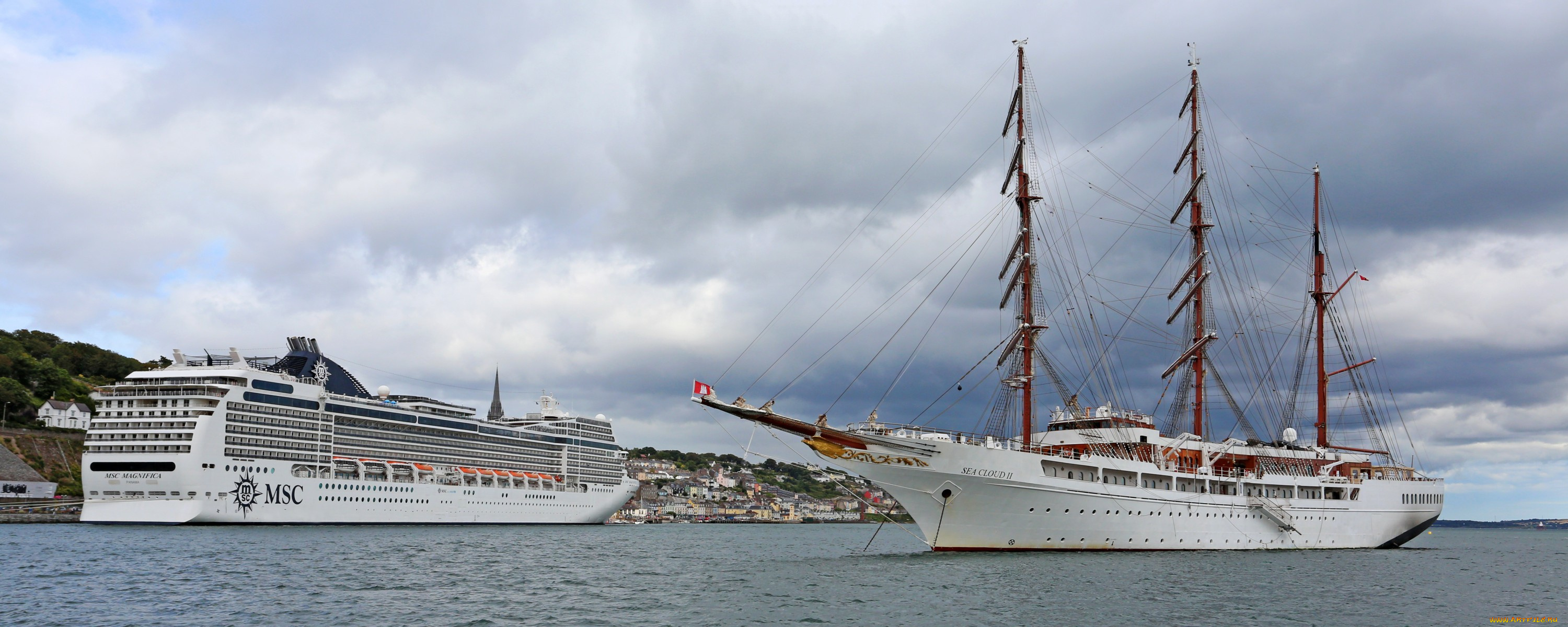 корабли, разные, вместе, парусник, лайнер, бухта