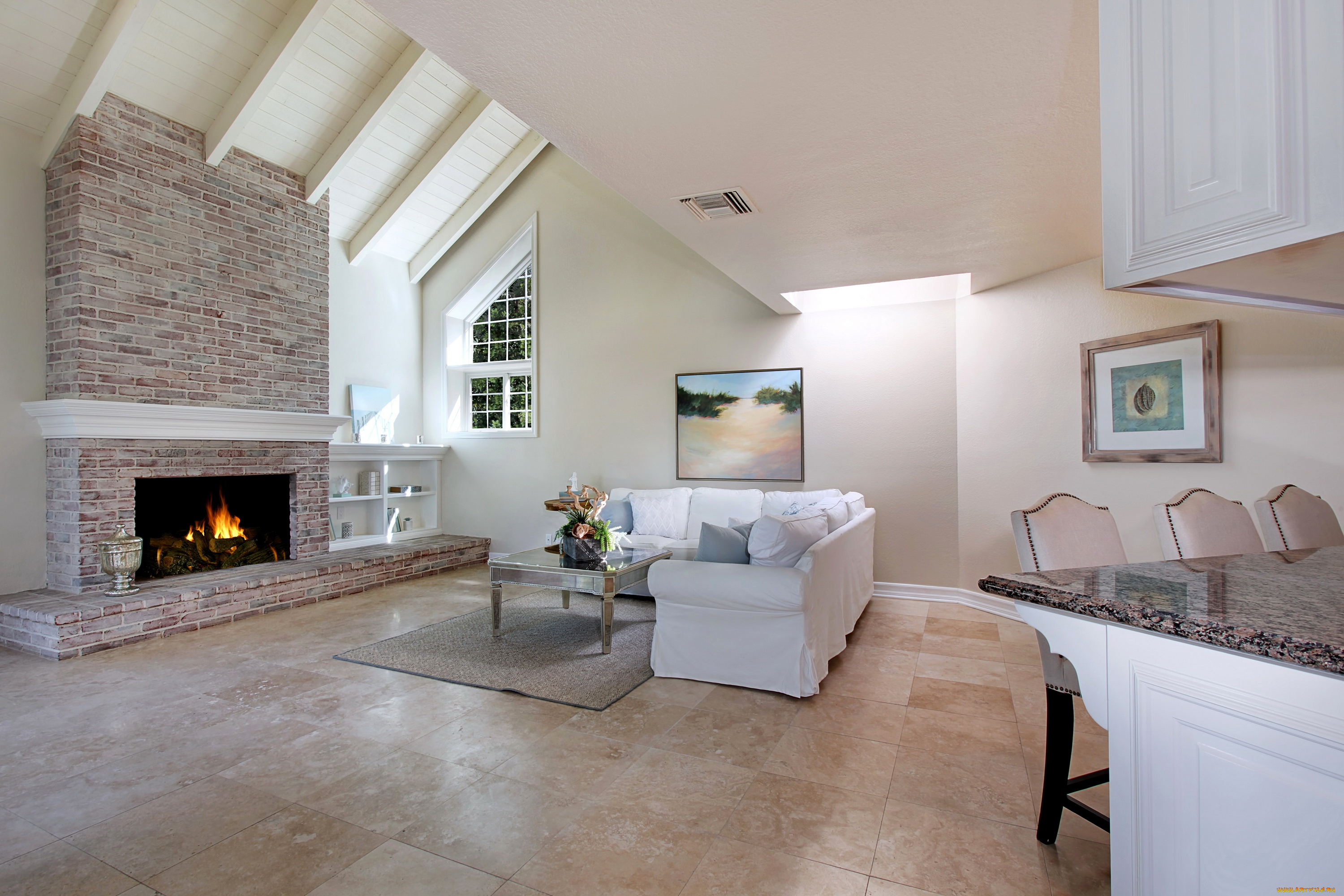 интерьер, гостиная, стол, камин, диван, дизайн