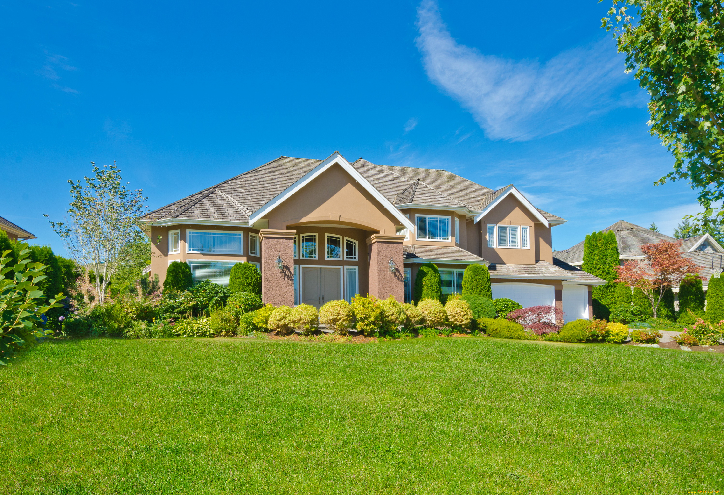 города, -, здания, , дома, кусты, газон, особняк, дом, деревья