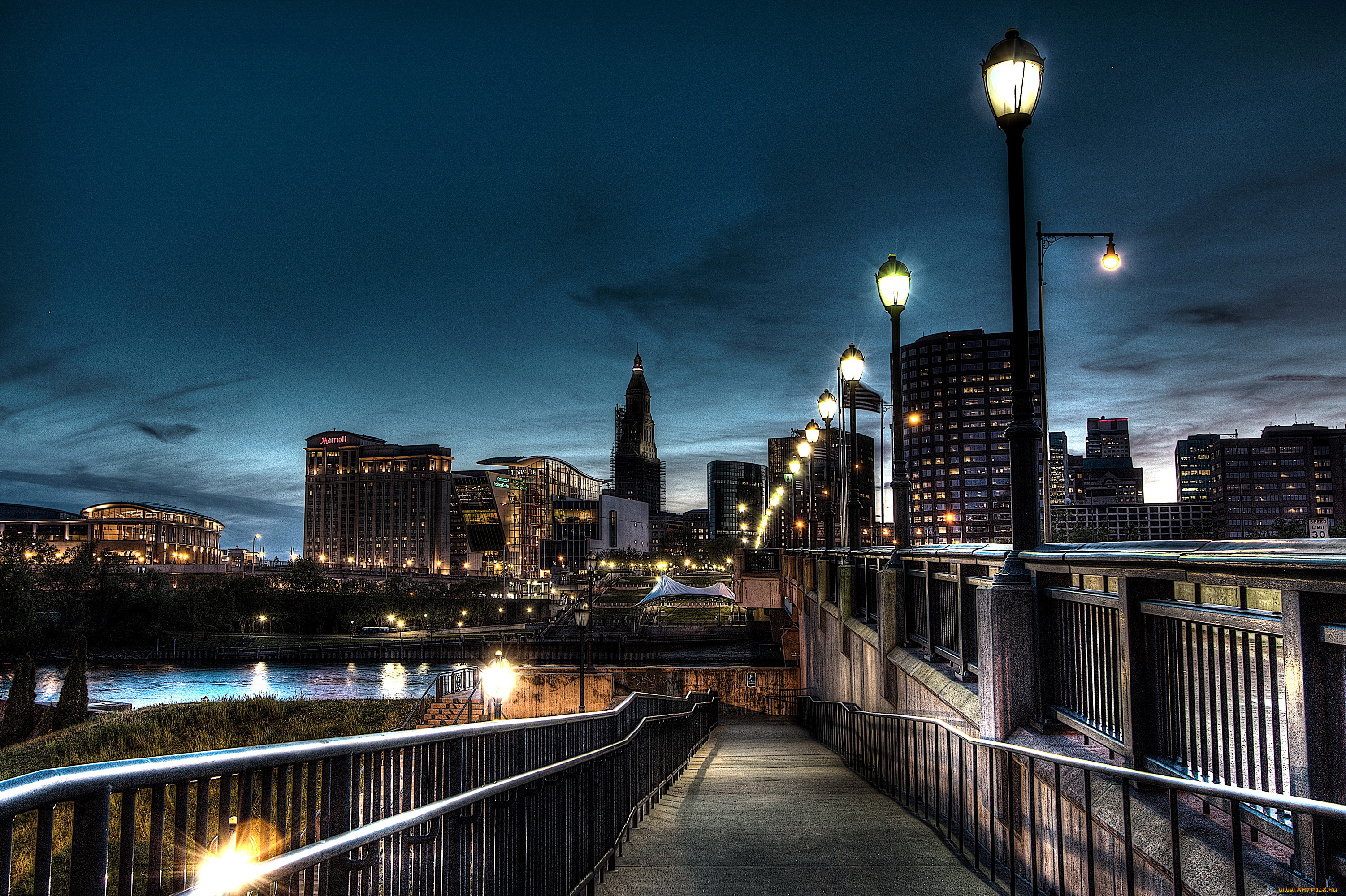 хартфорд, сша, города, -, огни, ночного, города, ночь, огни, мост, река, хартфорд, дома