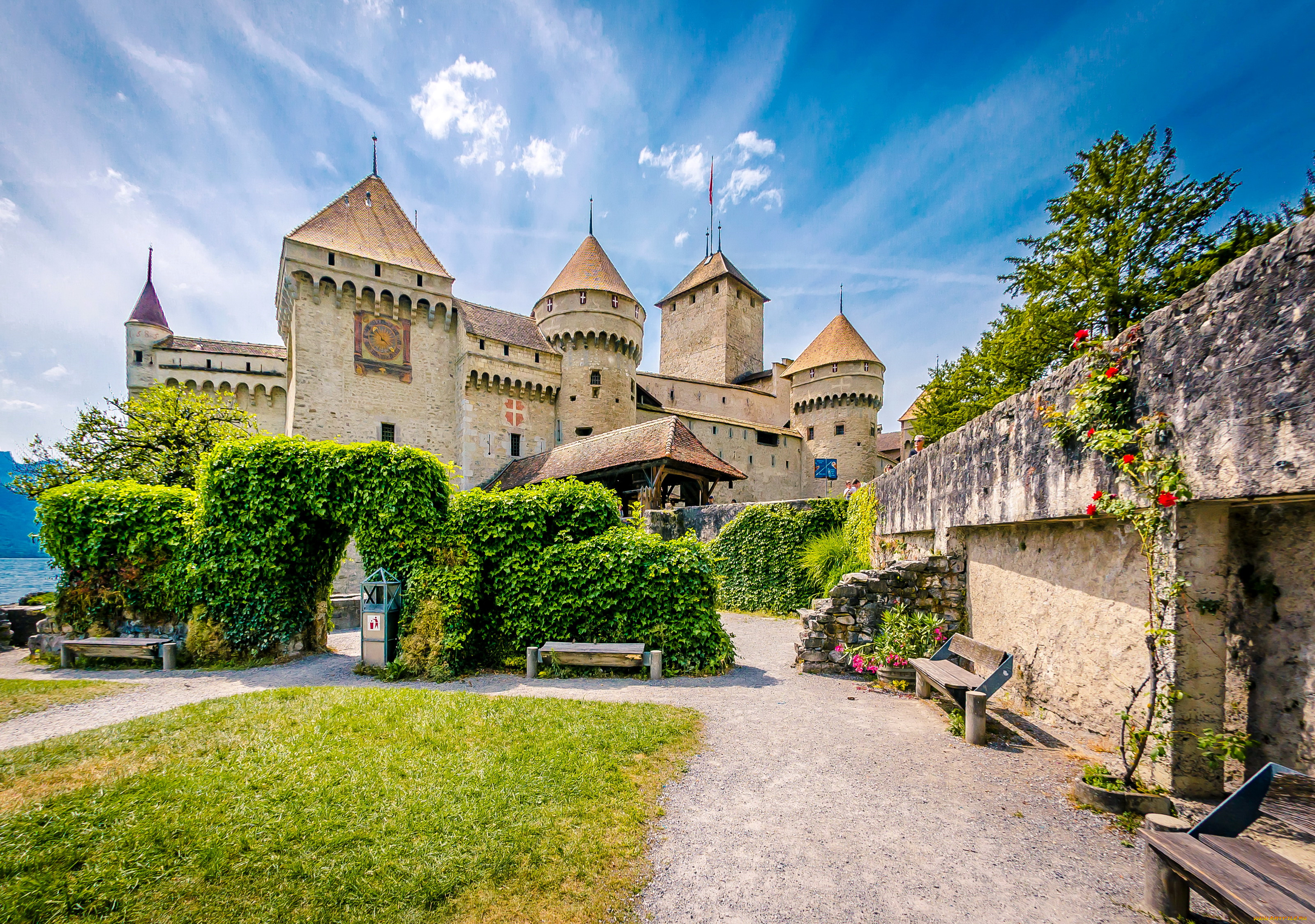 chillon, castle, швейцария, города, замки, швейцарии, chillon, ландшафт, кусты, скамейка, замок, швейцария, castle