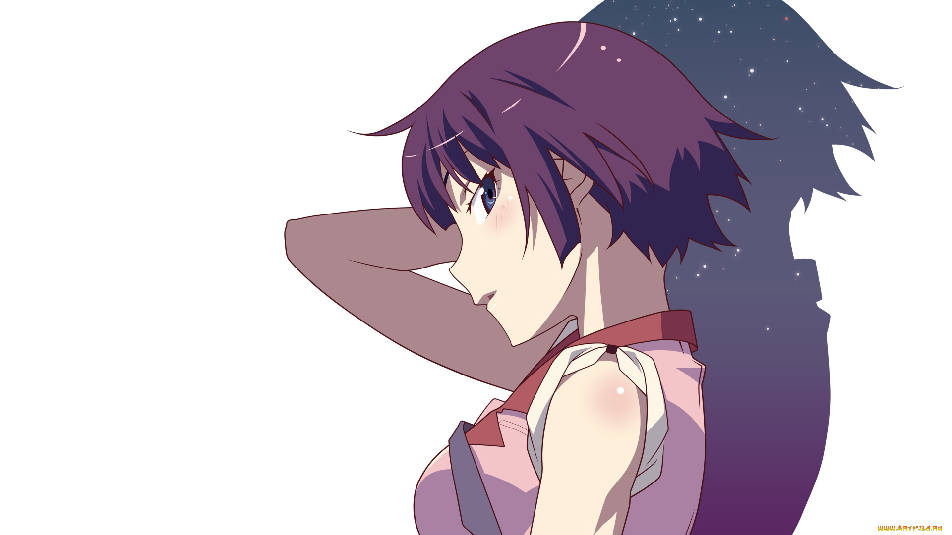 аниме, bakemonogatari, девушка, взгляд, фон