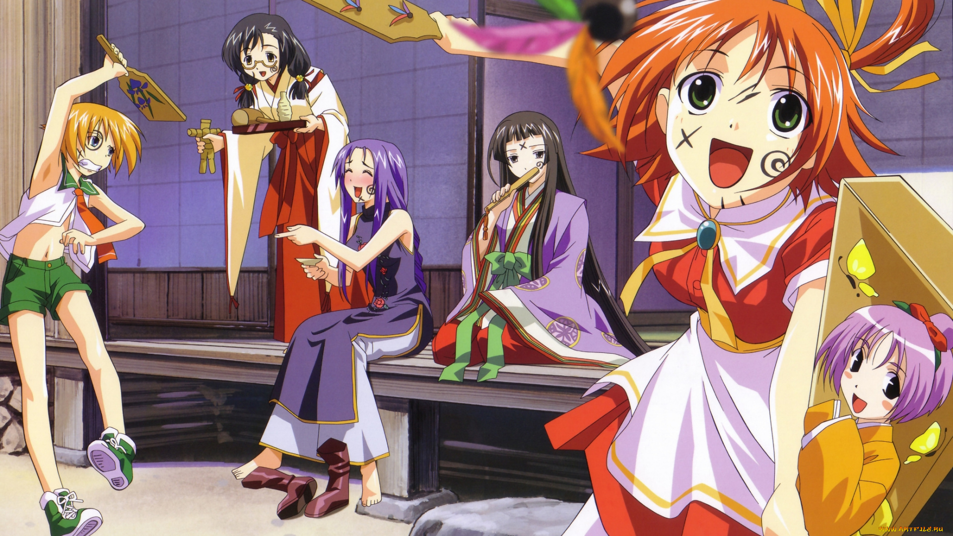 аниме, raimuiro, senkitan, девочки, дом, двор, женщина, радость, ступенька