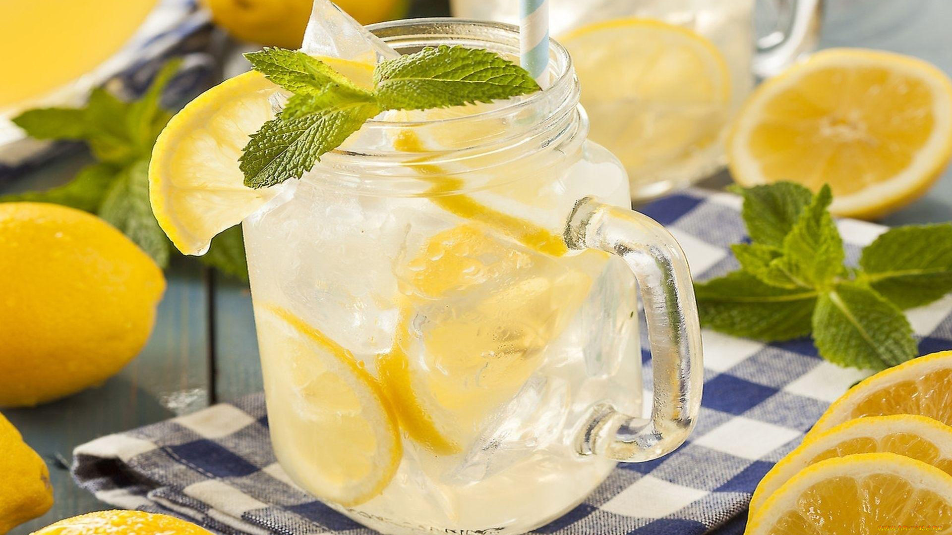еда, напитки, мята, лимоны, лед, лимонад