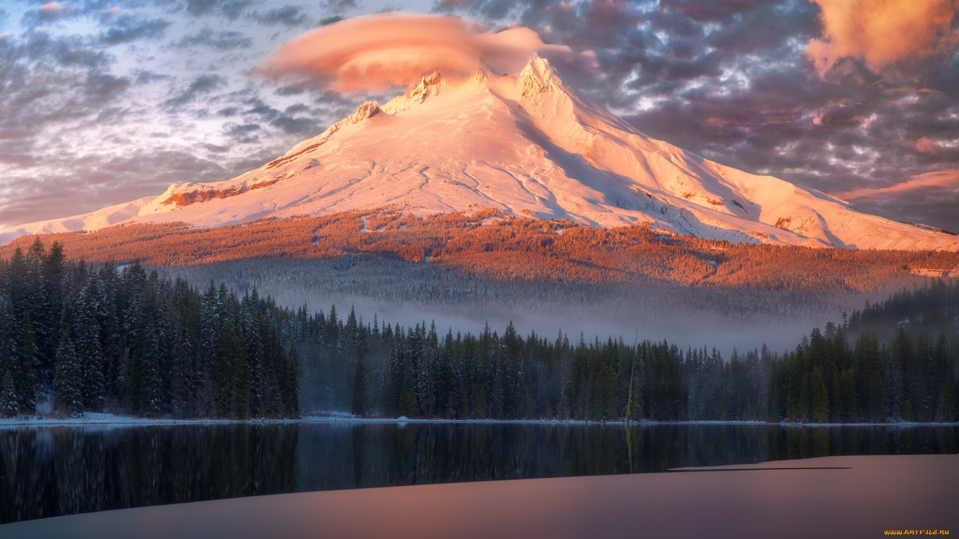 природа, горы, гора, облако, снег, река, свет, облака, зима, небо, лес