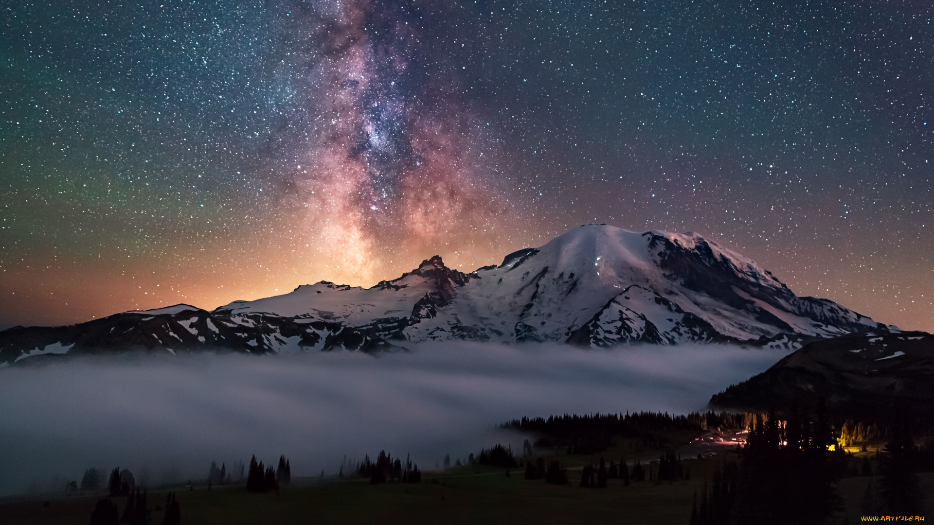 природа, горы, небо, гора, огни, свет, ночь, звезды, лес