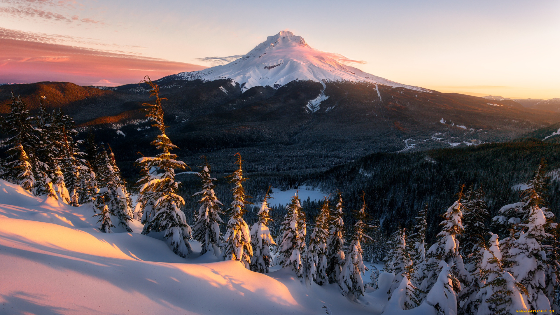 природа, горы, вечер, утро, снег, гора, небо, свет, лес, зима