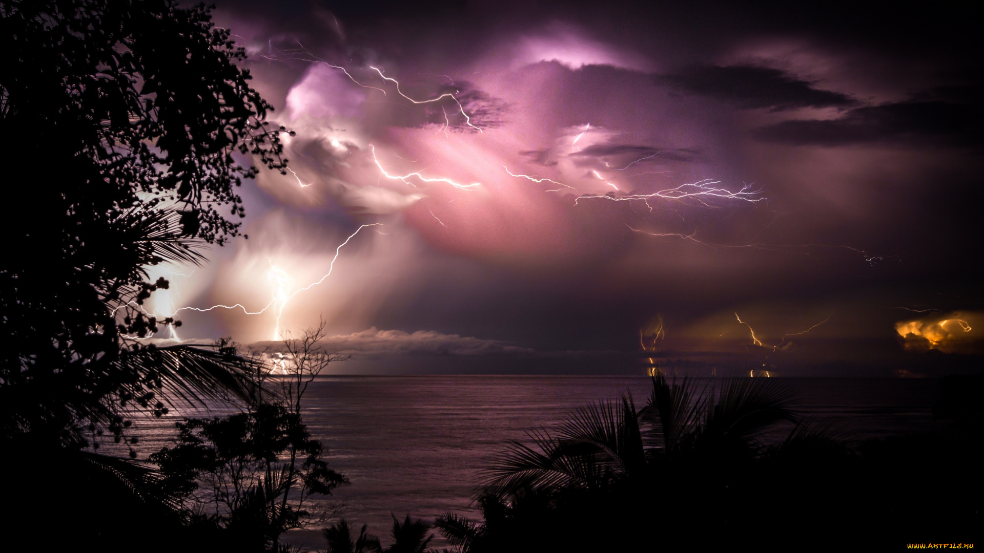 природа, молния, , гроза, облака, молнии, ночь, вода