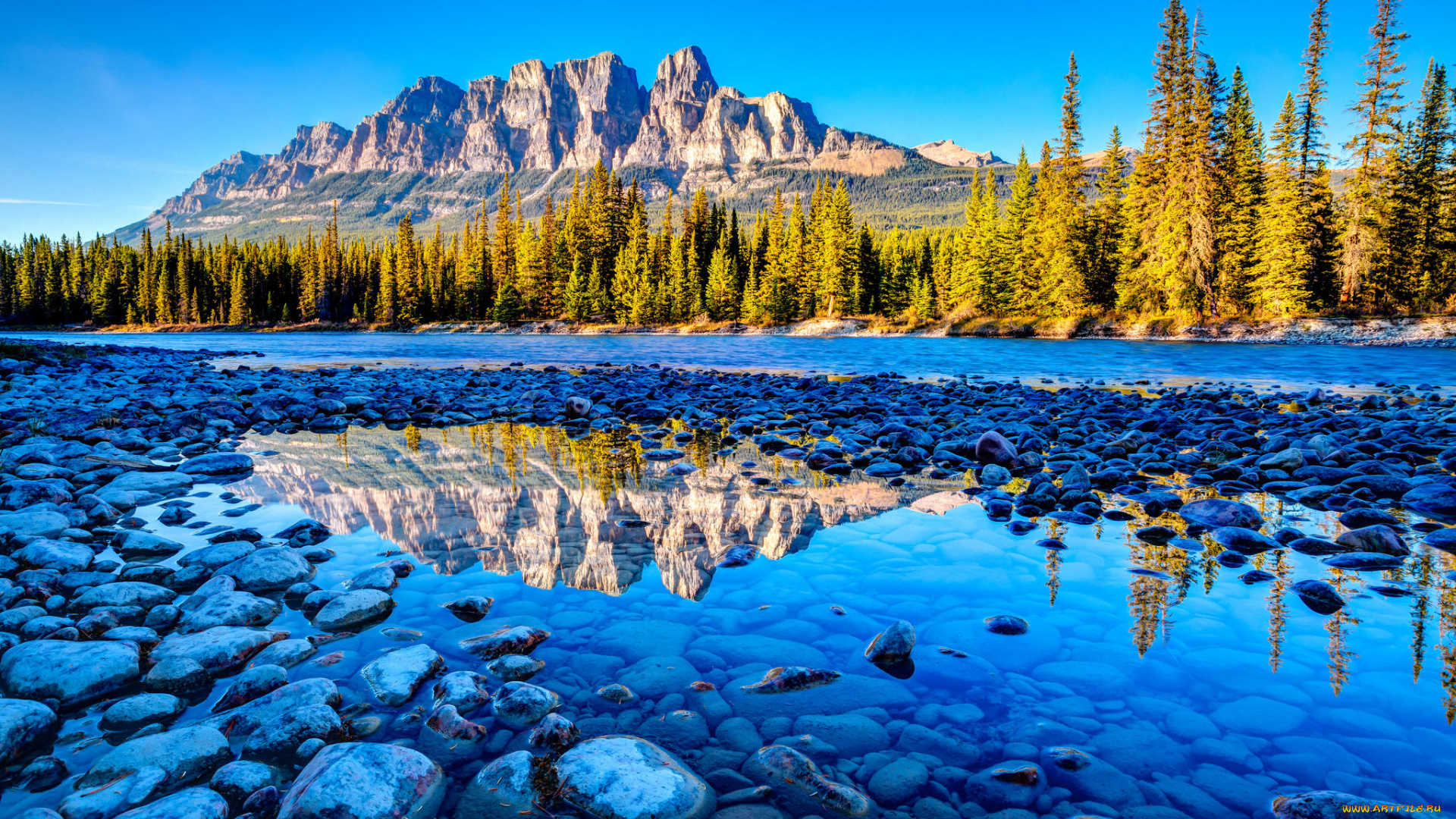 природа, пейзажи, банф, национальный, парк, канада, горы, камни, река