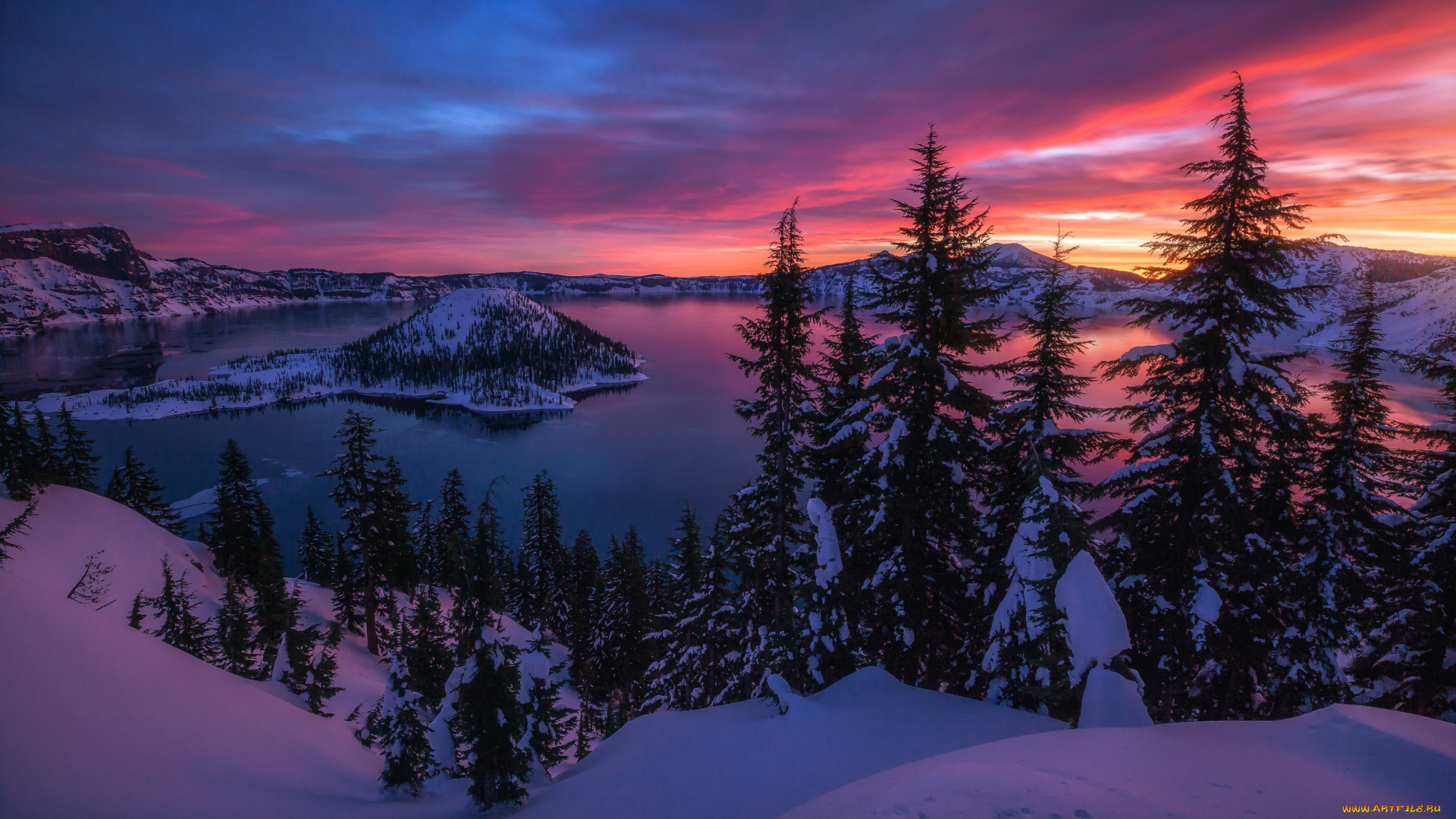 природа, восходы, закаты, снег, горы, озеро, вечер, зима, утро, вулкан