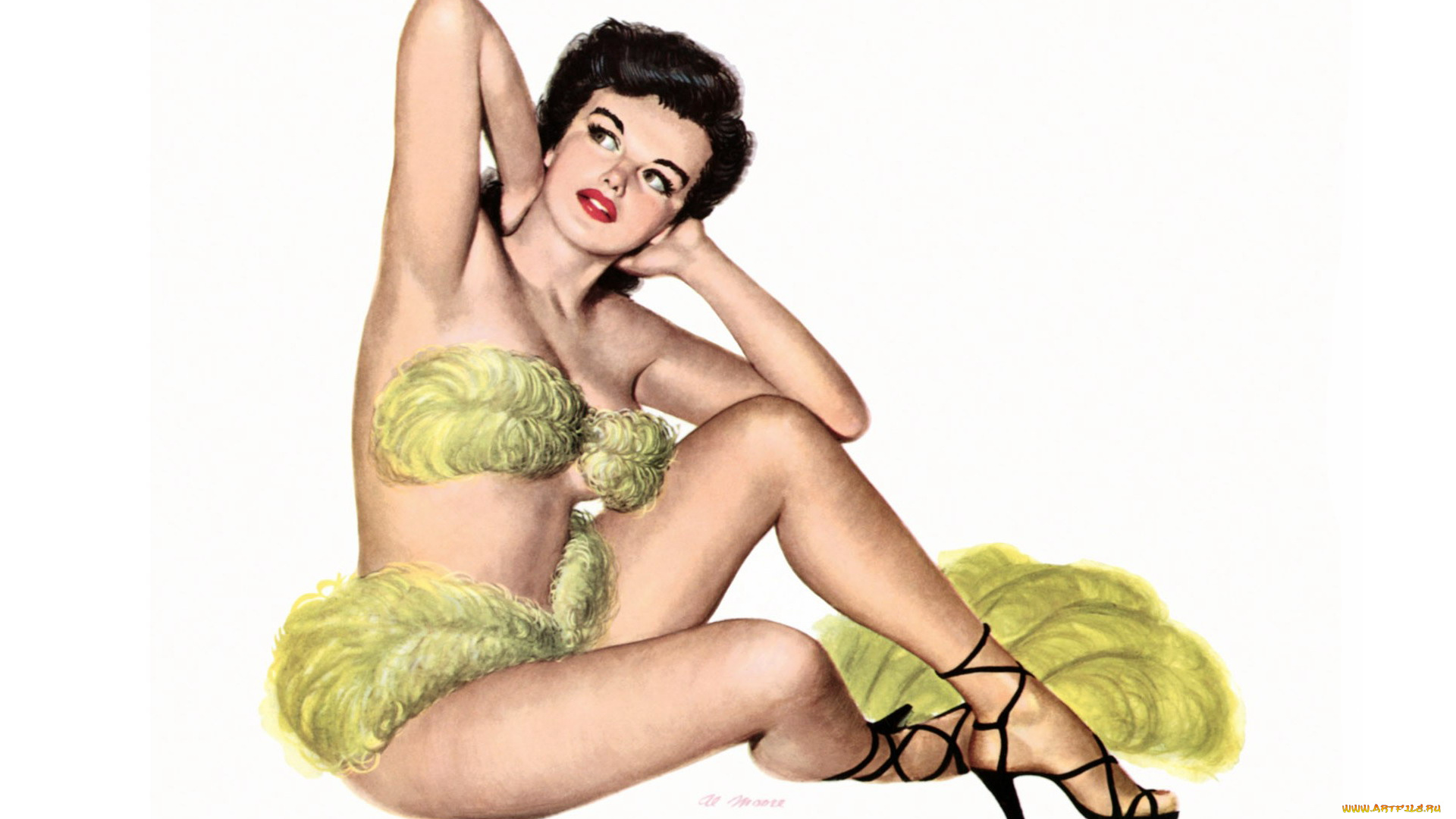 рисованное, люди, пин-ап, перья, брюнетка, девушка