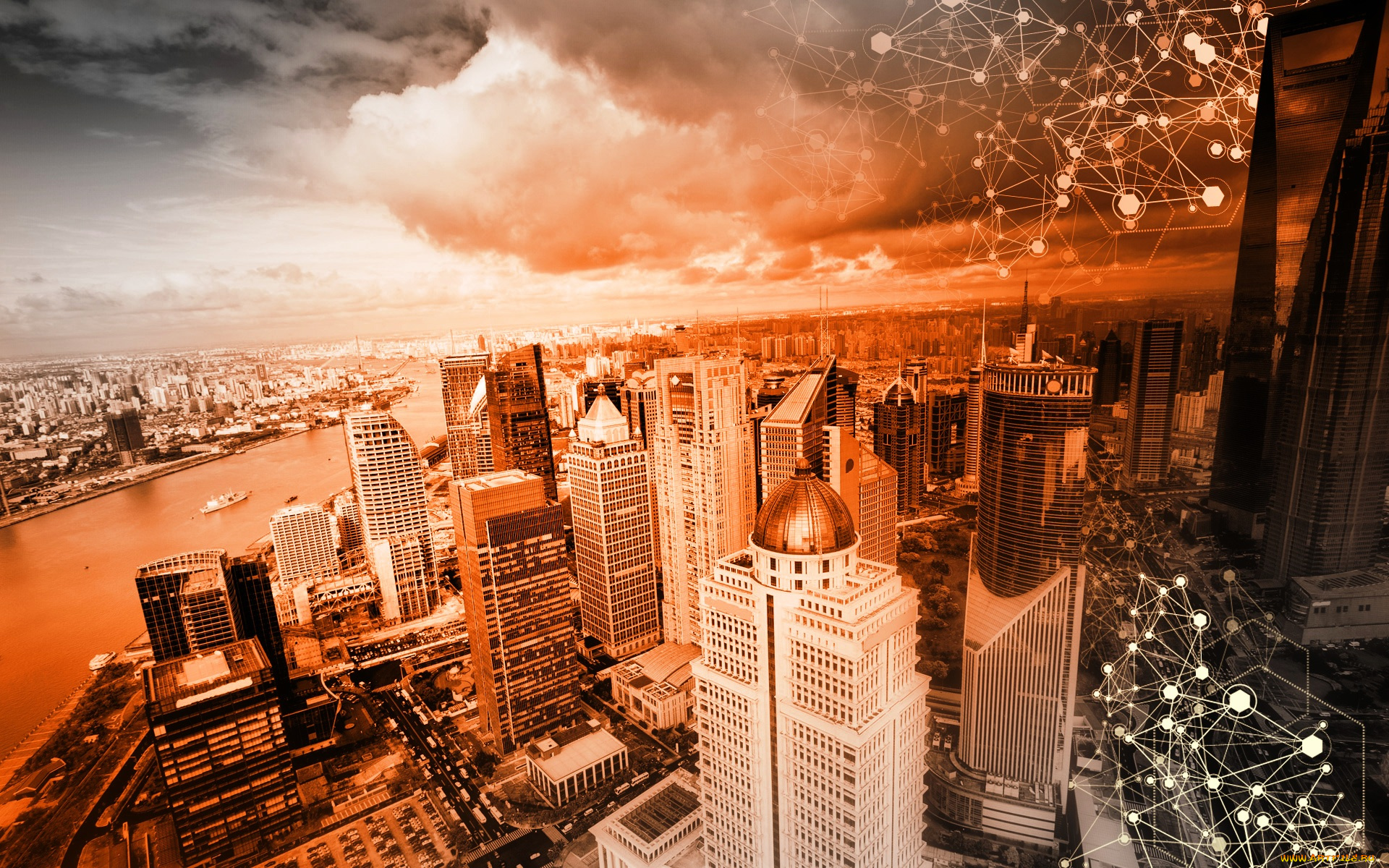 разное, компьютерный, дизайн, графика, дома, цвет, панорама, тучи, река, здания, город