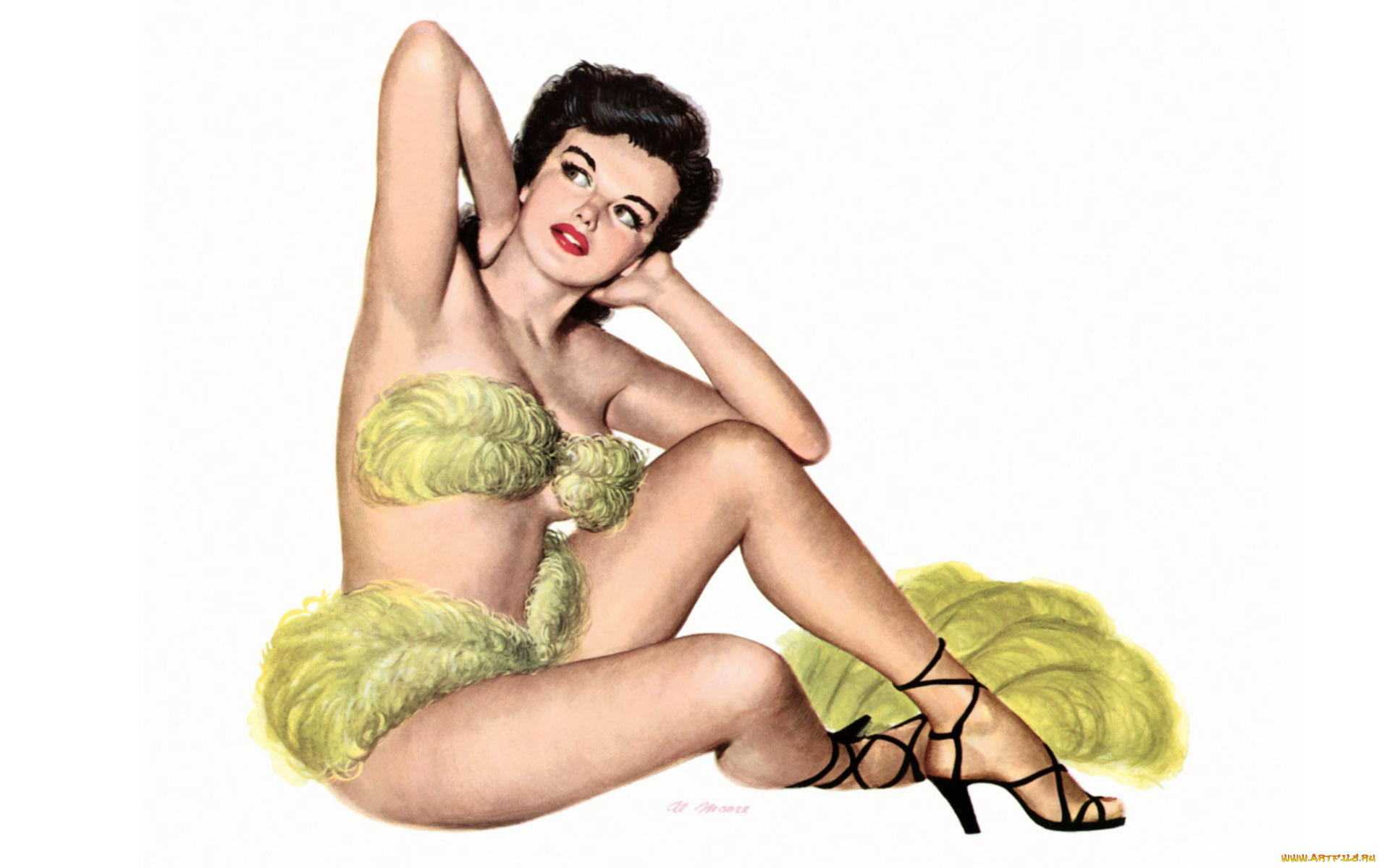 рисованное, люди, пин-ап, перья, брюнетка, девушка