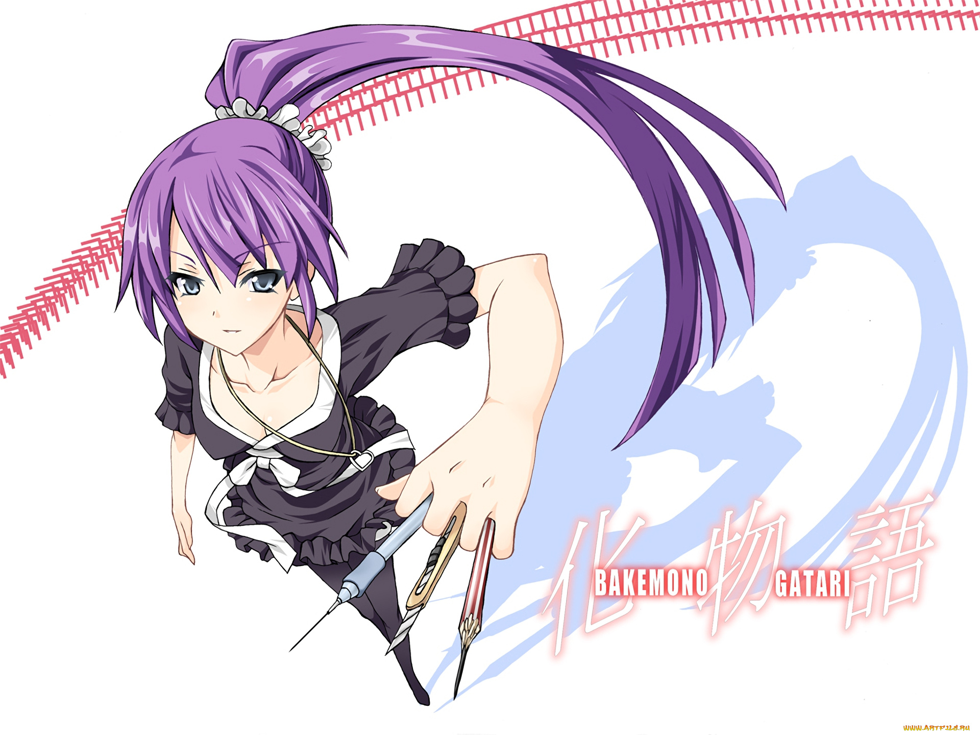 аниме, bakemonogatari, девушка, взгляд, фон