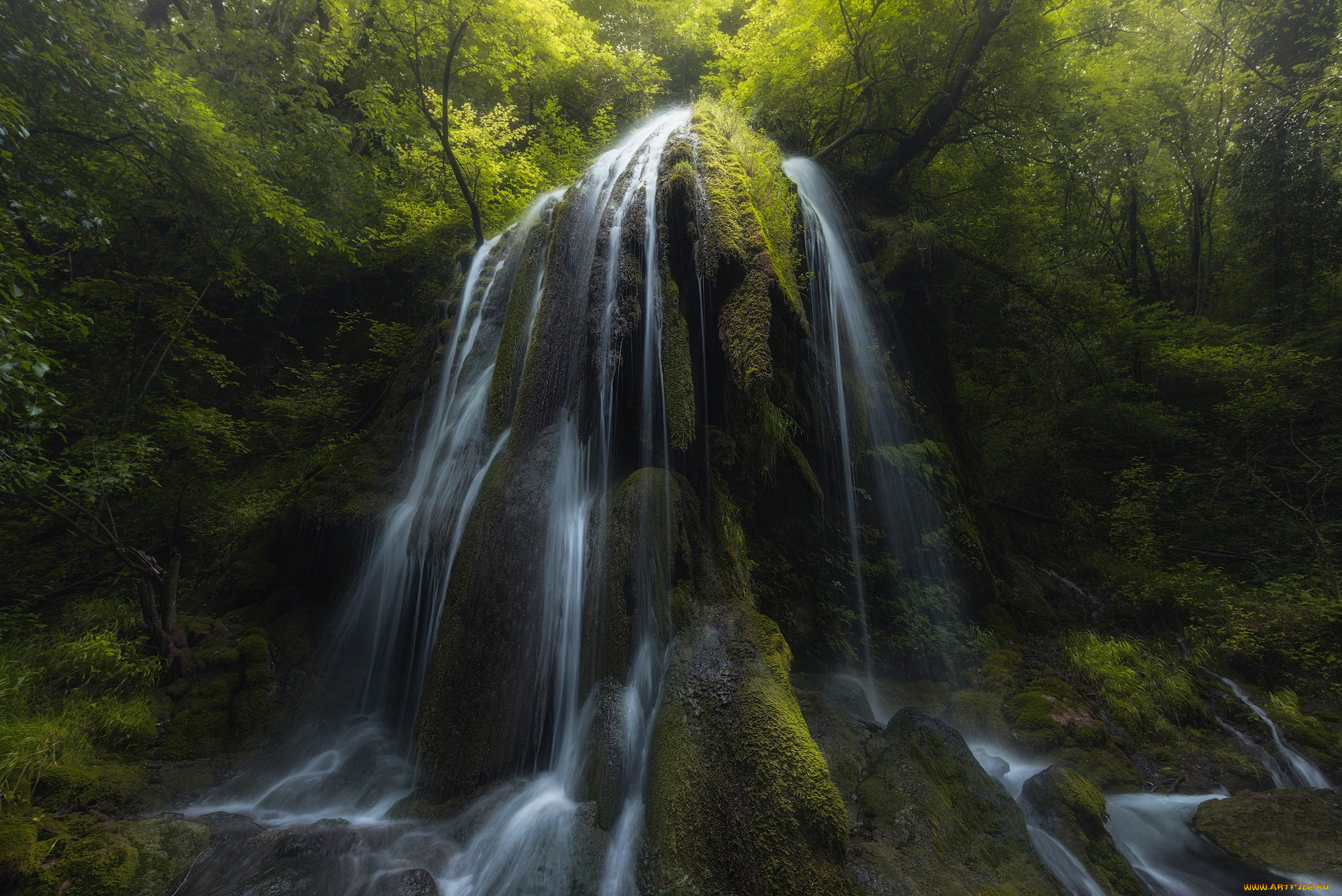 природа, водопады, свет, водопад, река, лес