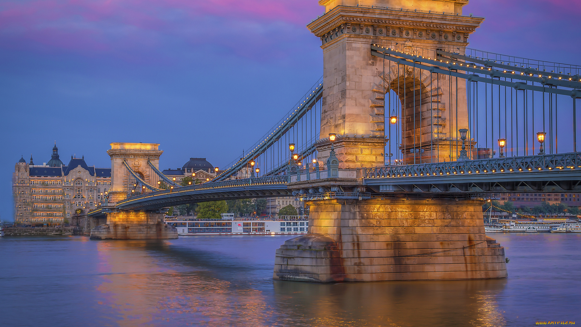 chain, bridge, города, будапешт, , венгрия, мост, огни, ночь