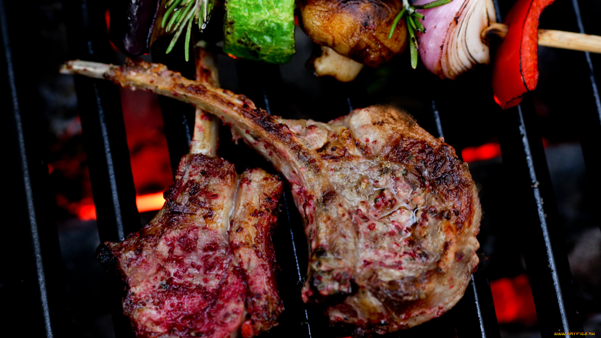 еда, шашлык, , барбекю, огонь, овощи, ребрышки