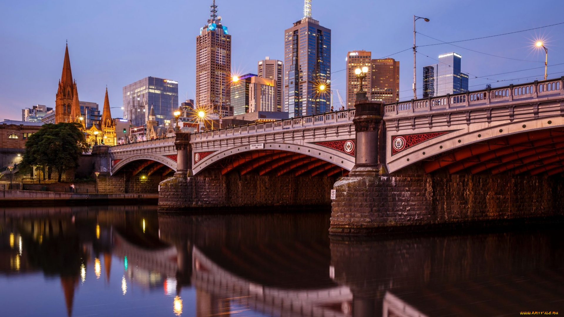 города, мельбурн, , австралия, река, мост, вечер, огни