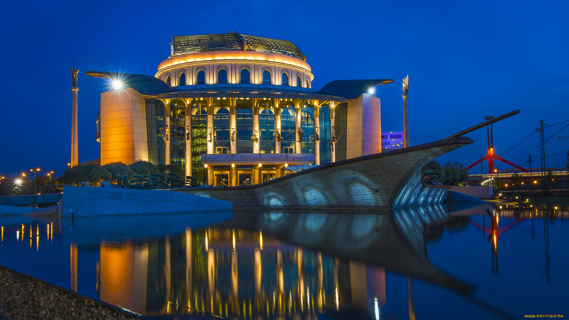 national, theatre, города, будапешт, , венгрия, огни, ночь