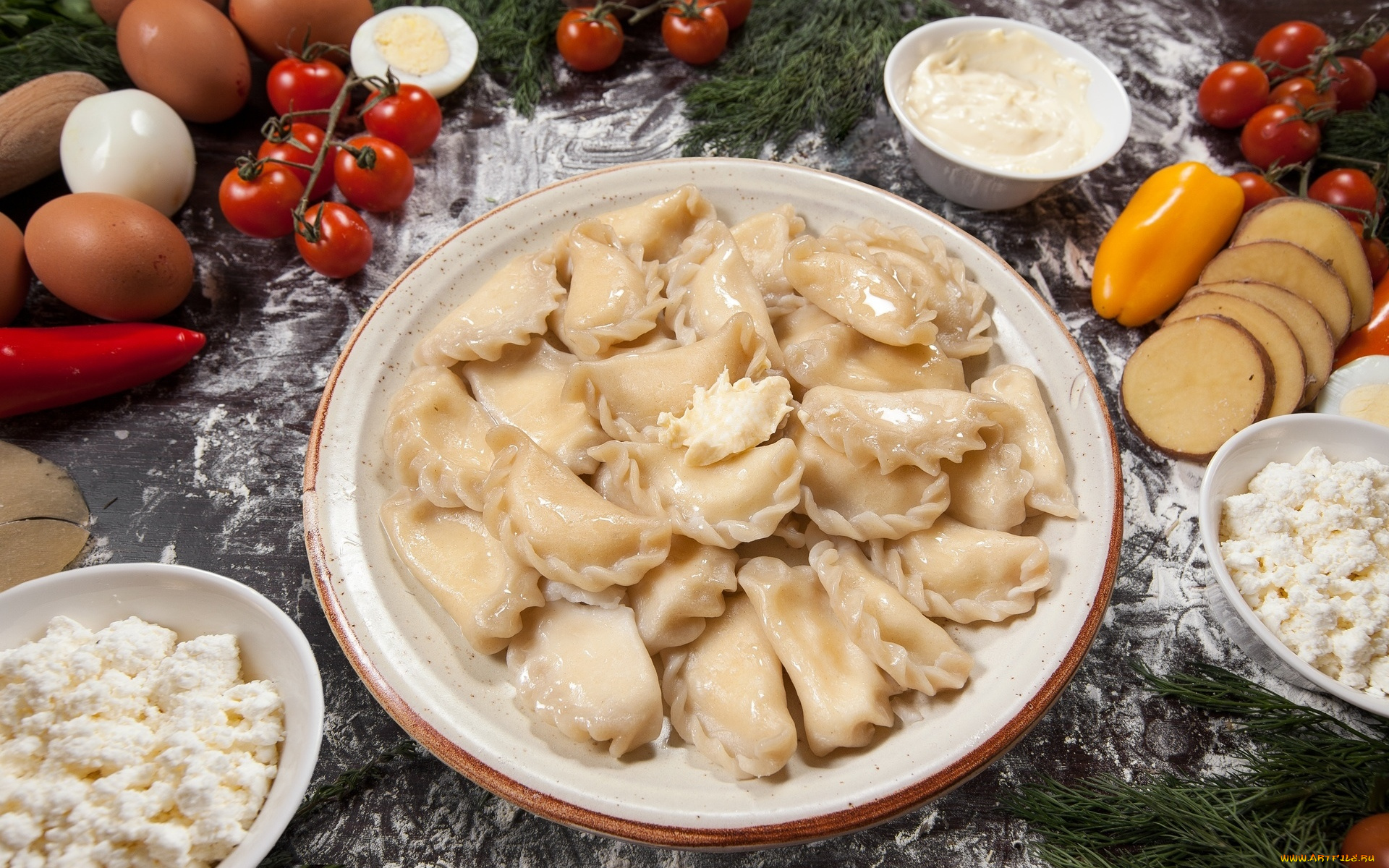 еда, пельмени, , манты, , вареники, мука, яйца, томаты, творог, вареники, натюрморт, помидоры