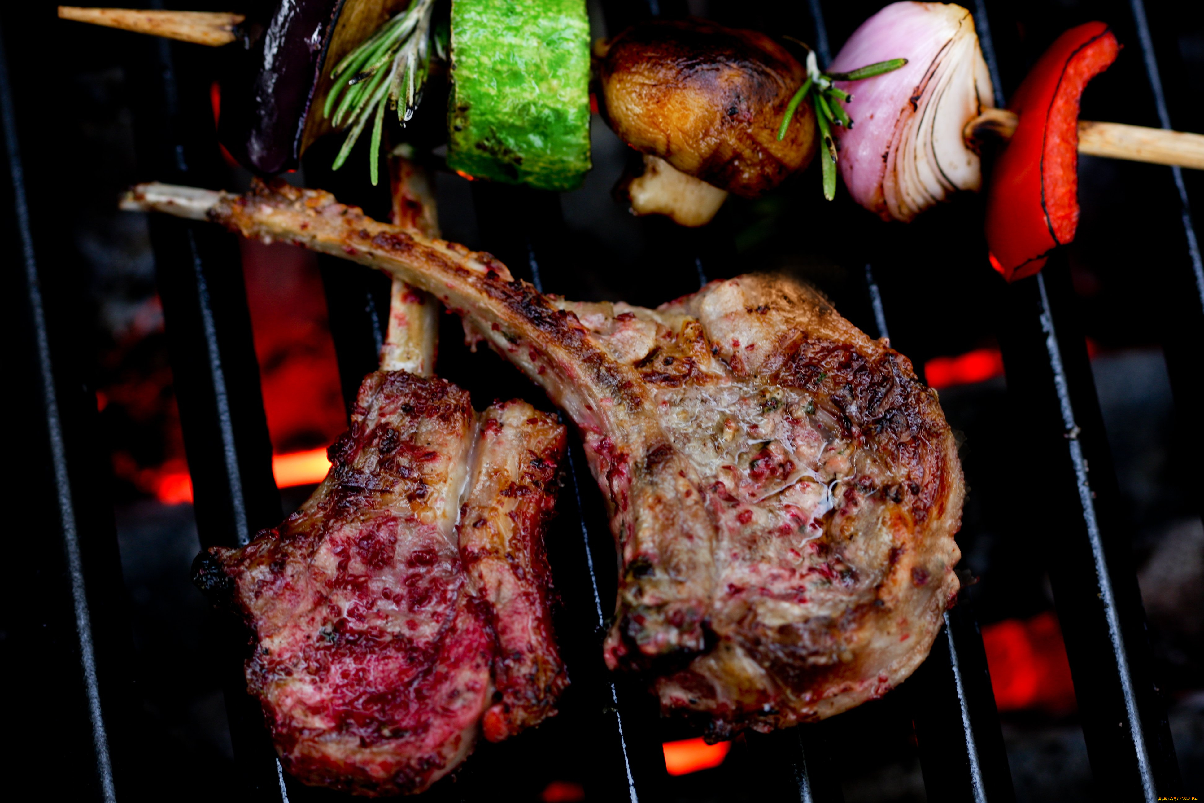 еда, шашлык, , барбекю, огонь, овощи, ребрышки