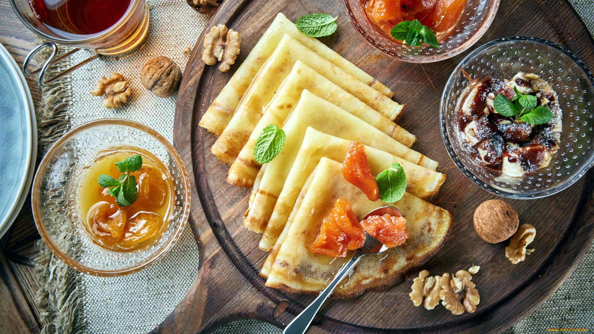 еда, блины, , оладьи, джем, орехи, блинчики