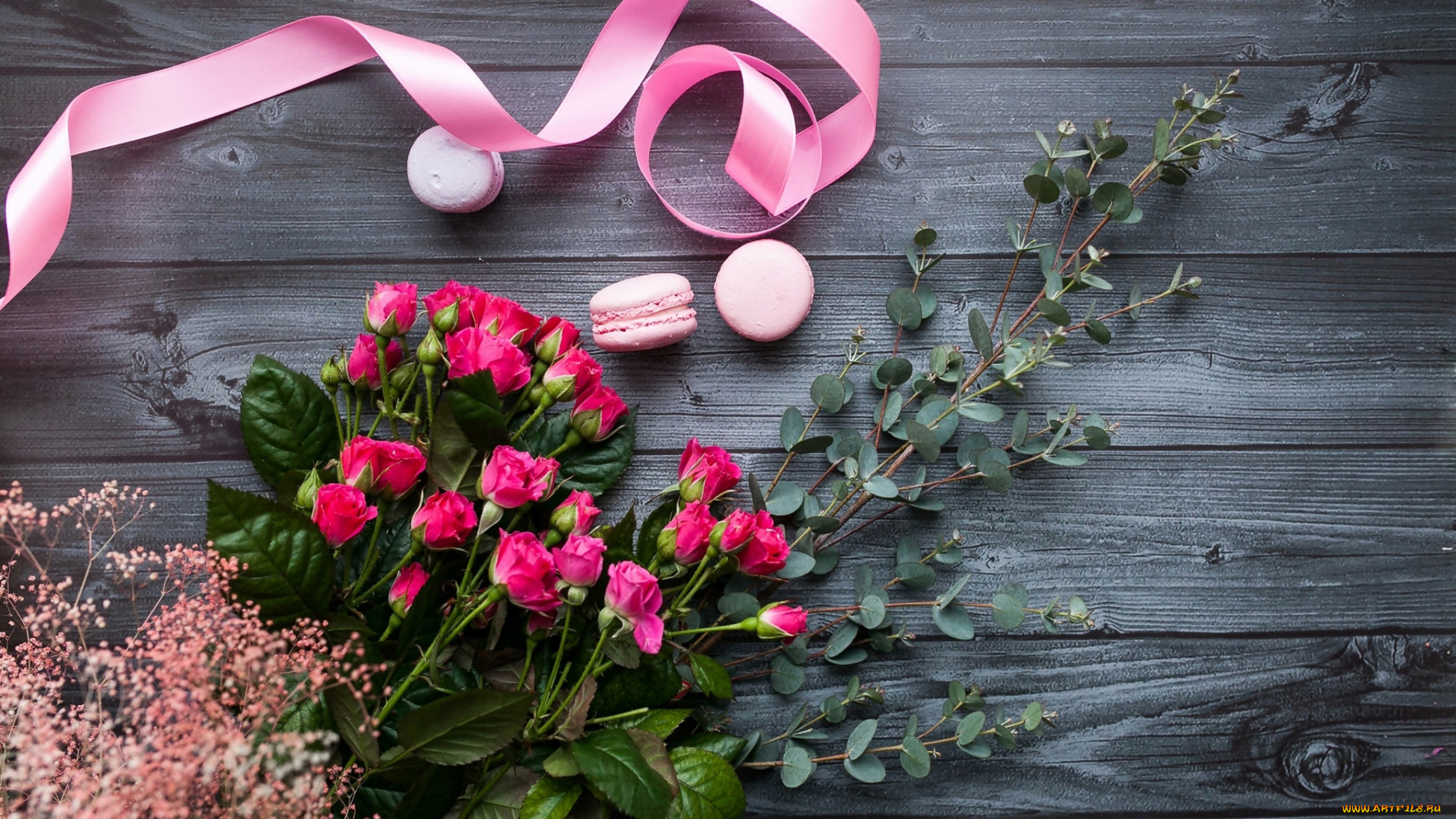 еда, макаруны, розы, лента