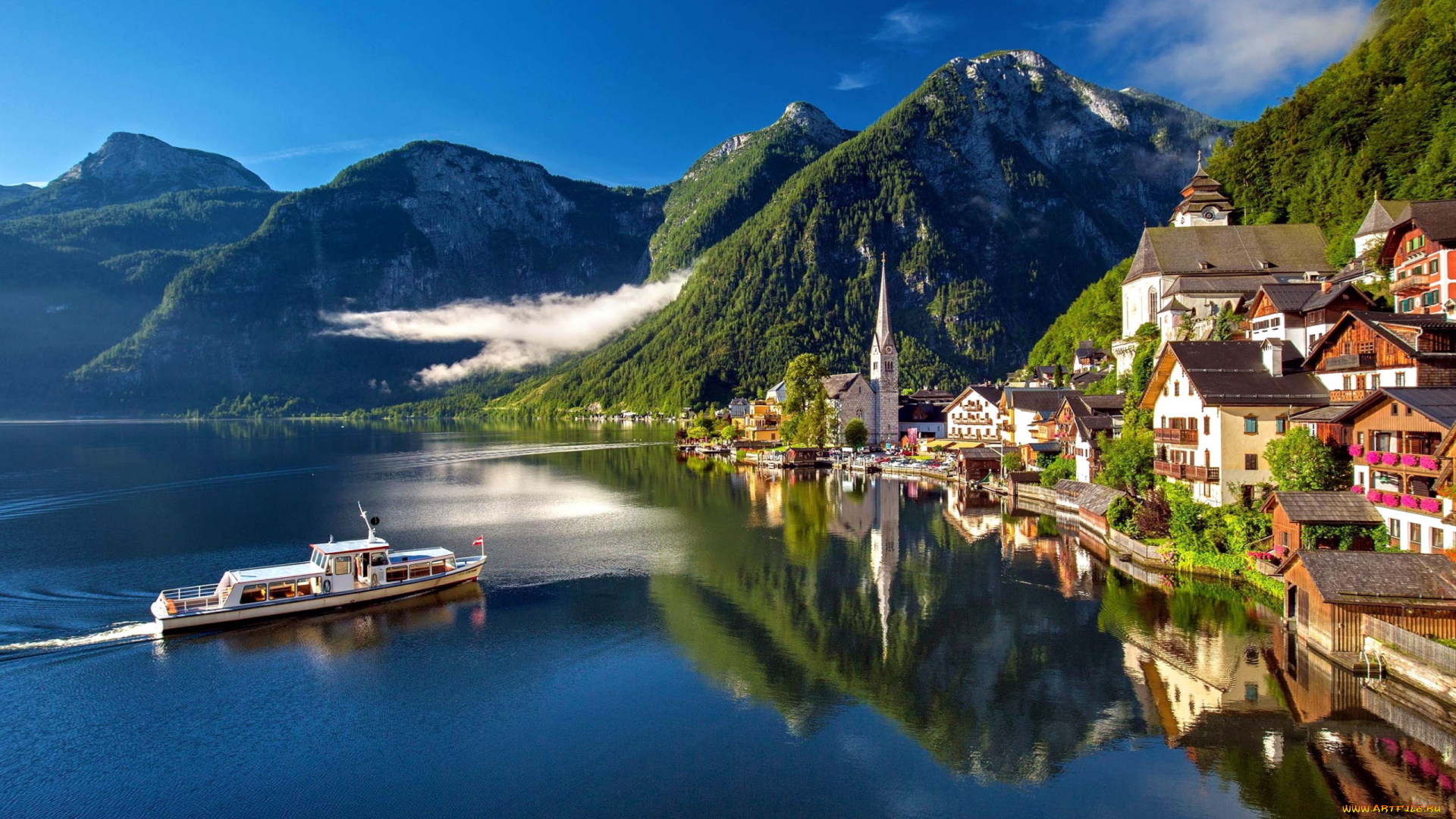города, гальштат, , австрия, корабль, туман, озеро, горы