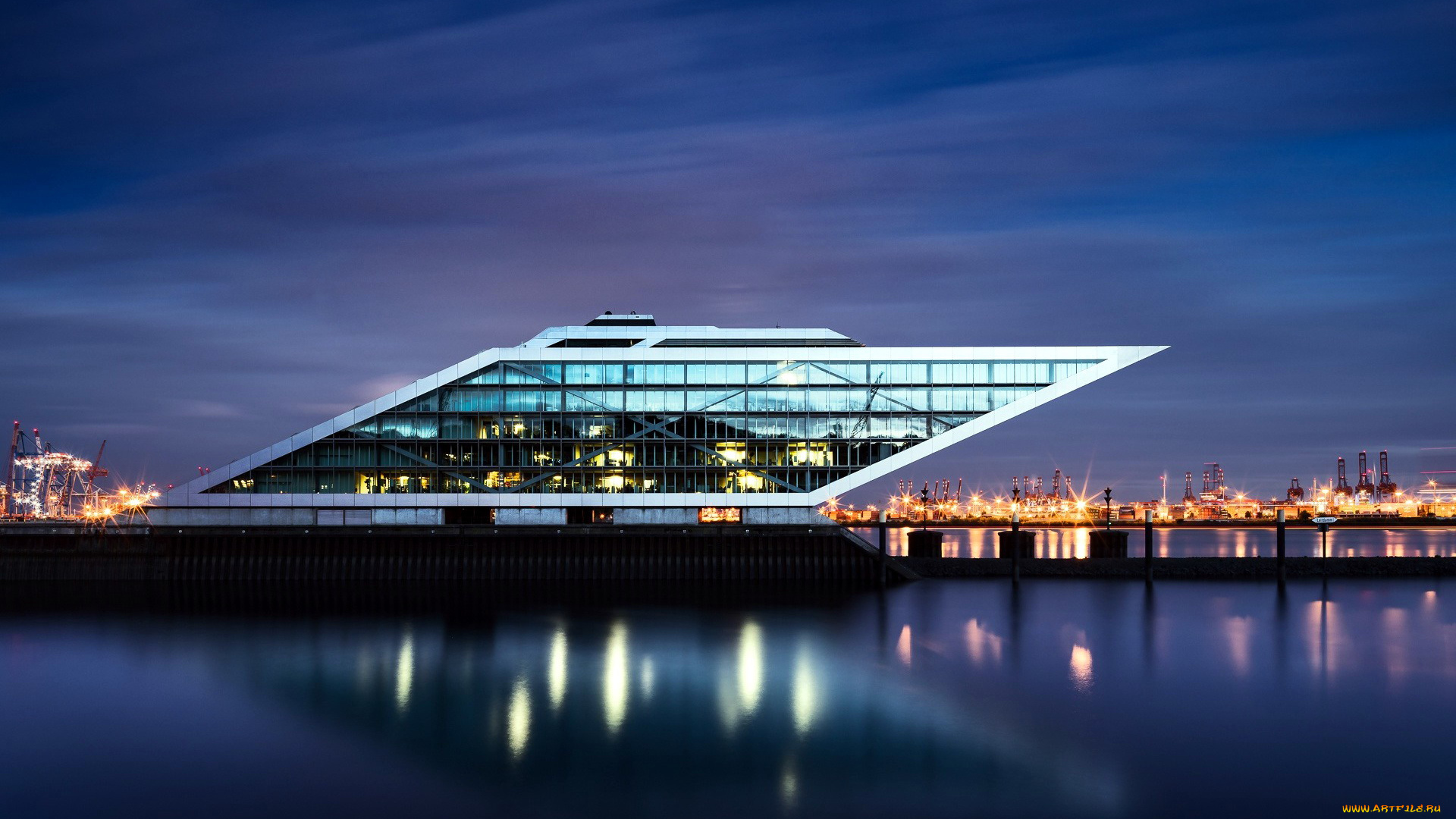 города, гамбург, , германия, огни, река, вечер