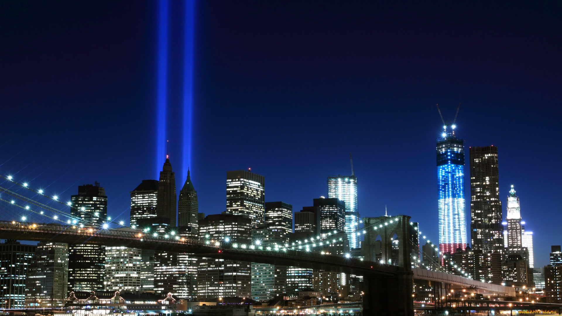города, нью-йорк, , сша, огни, лучи, здания, дома, река, мост