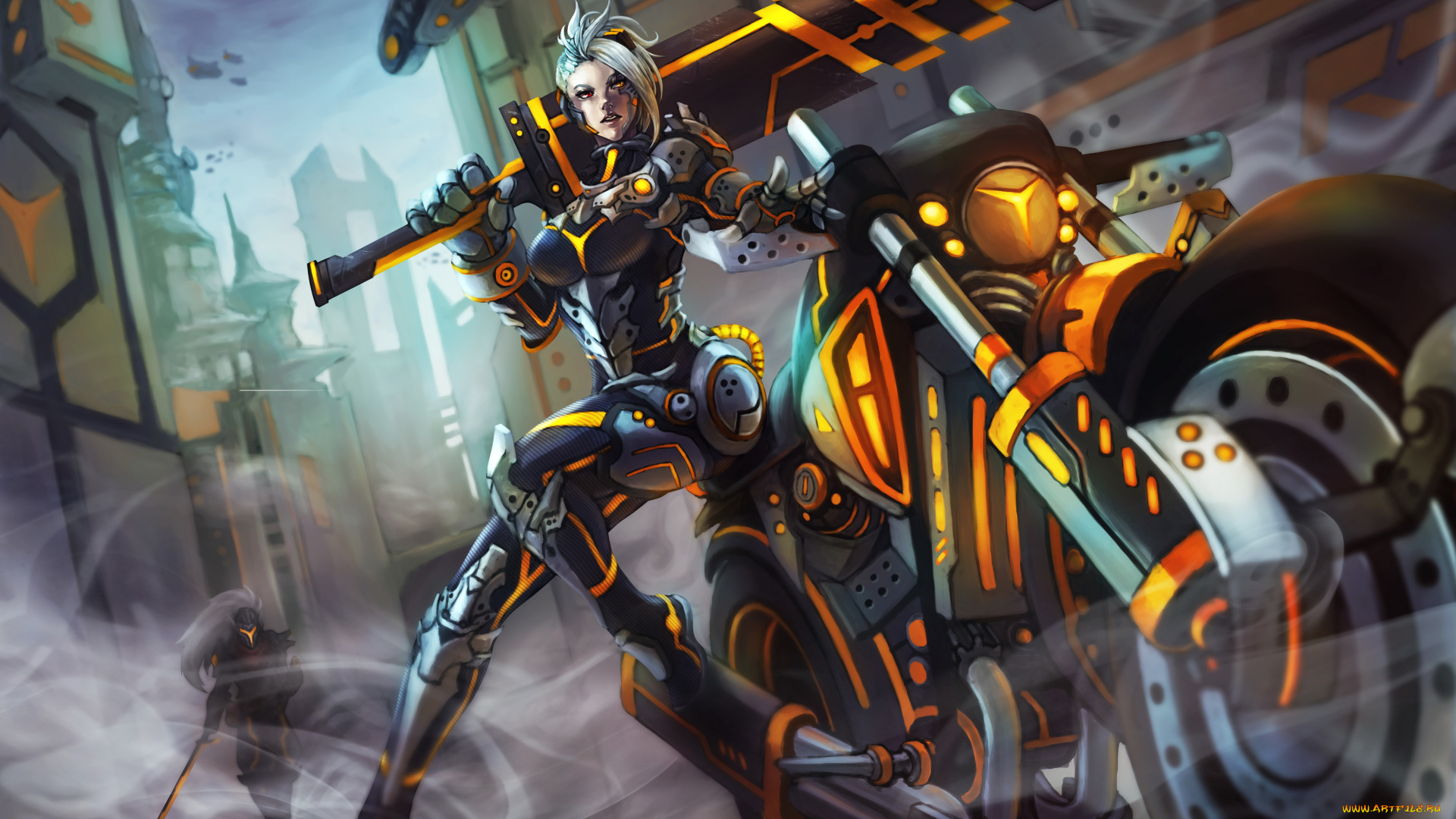 видео, игры, league, of, legends, меч, мотоцикл, девушка, униформа, взгляд, фон