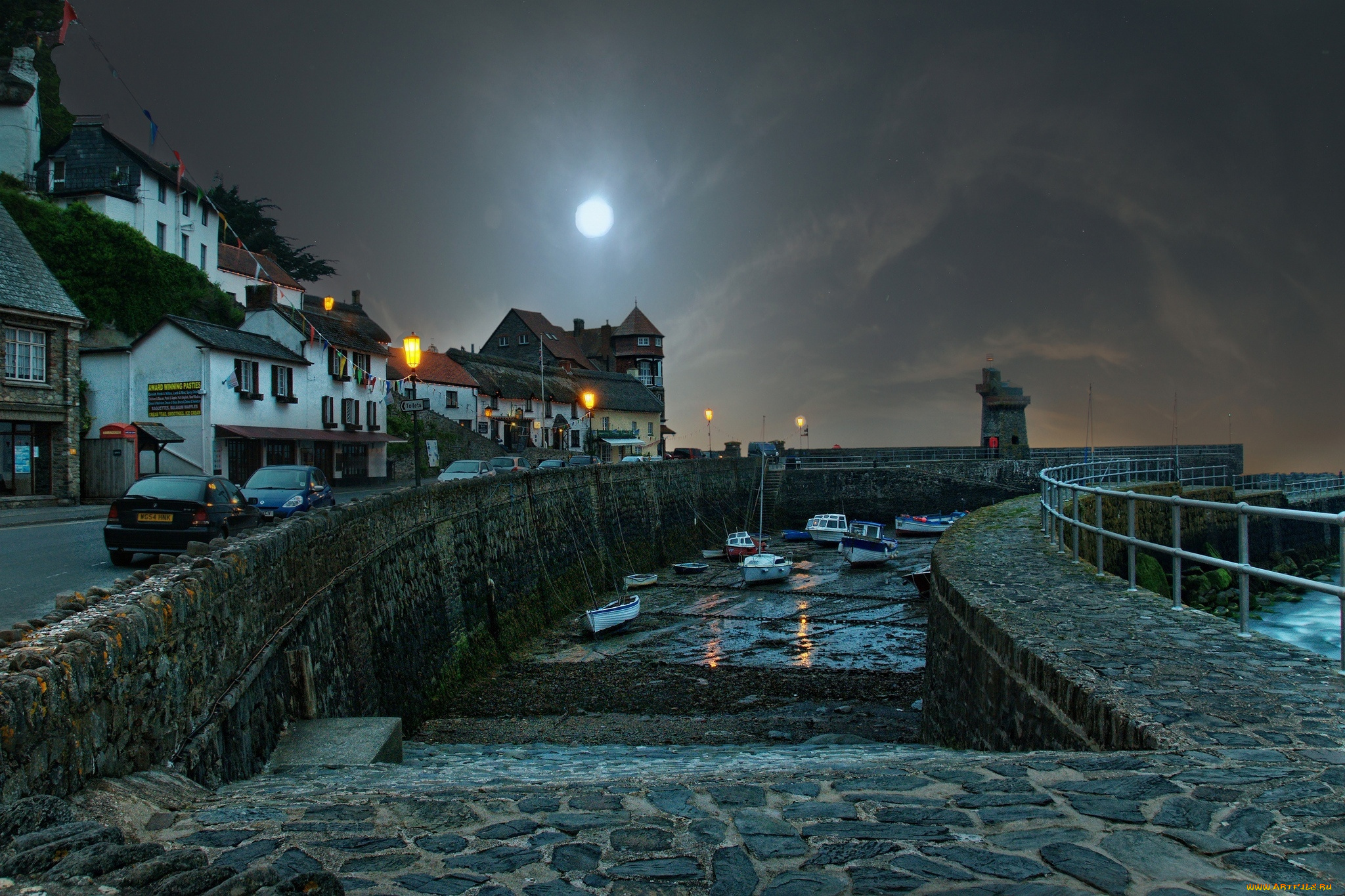 lynmouth, , devon, , england, , great, britain, города, -, улицы, , площади, , набережные, лодки, канал, машины, дома, луна