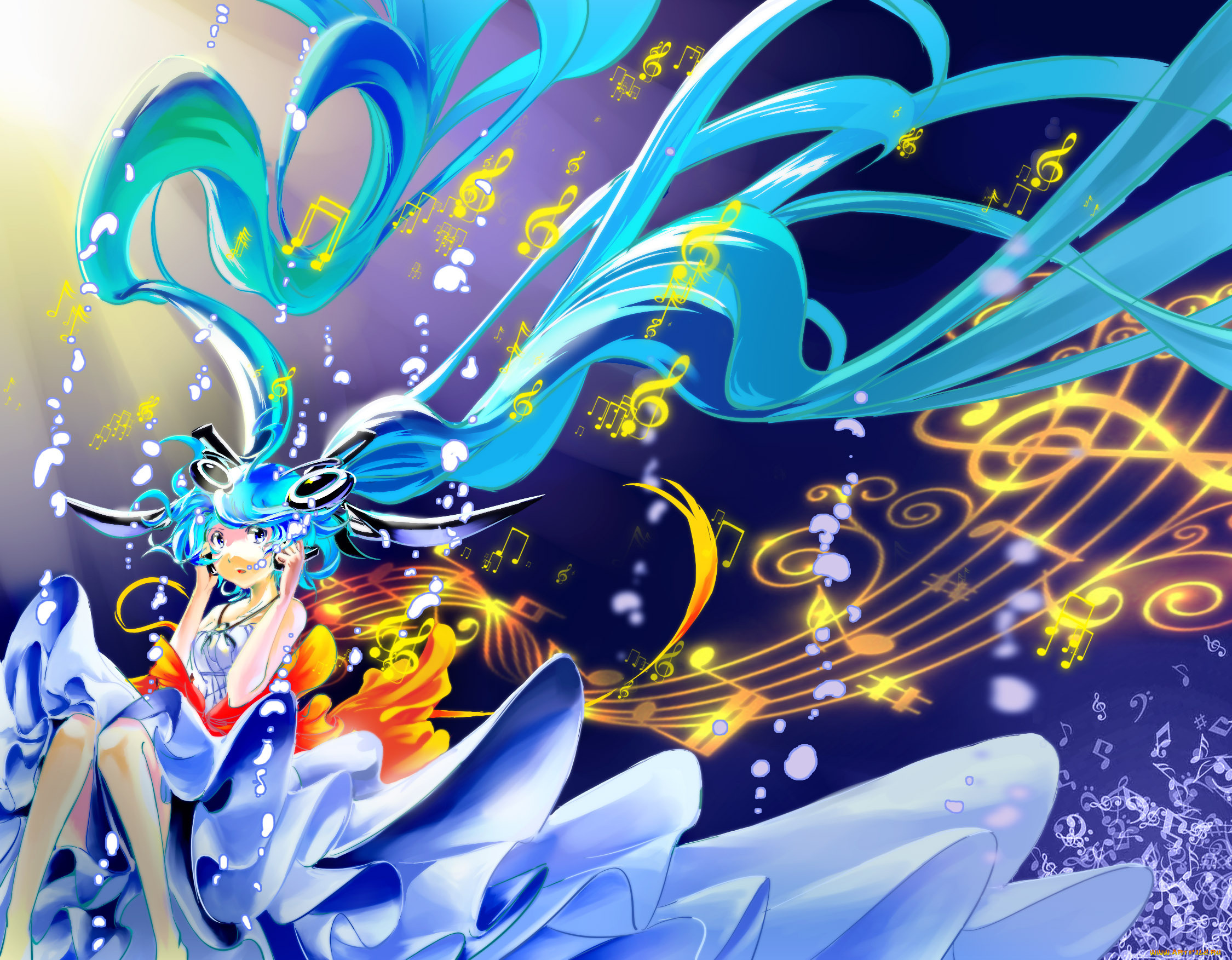 аниме, vocaloid, ноты, волосы, девушка