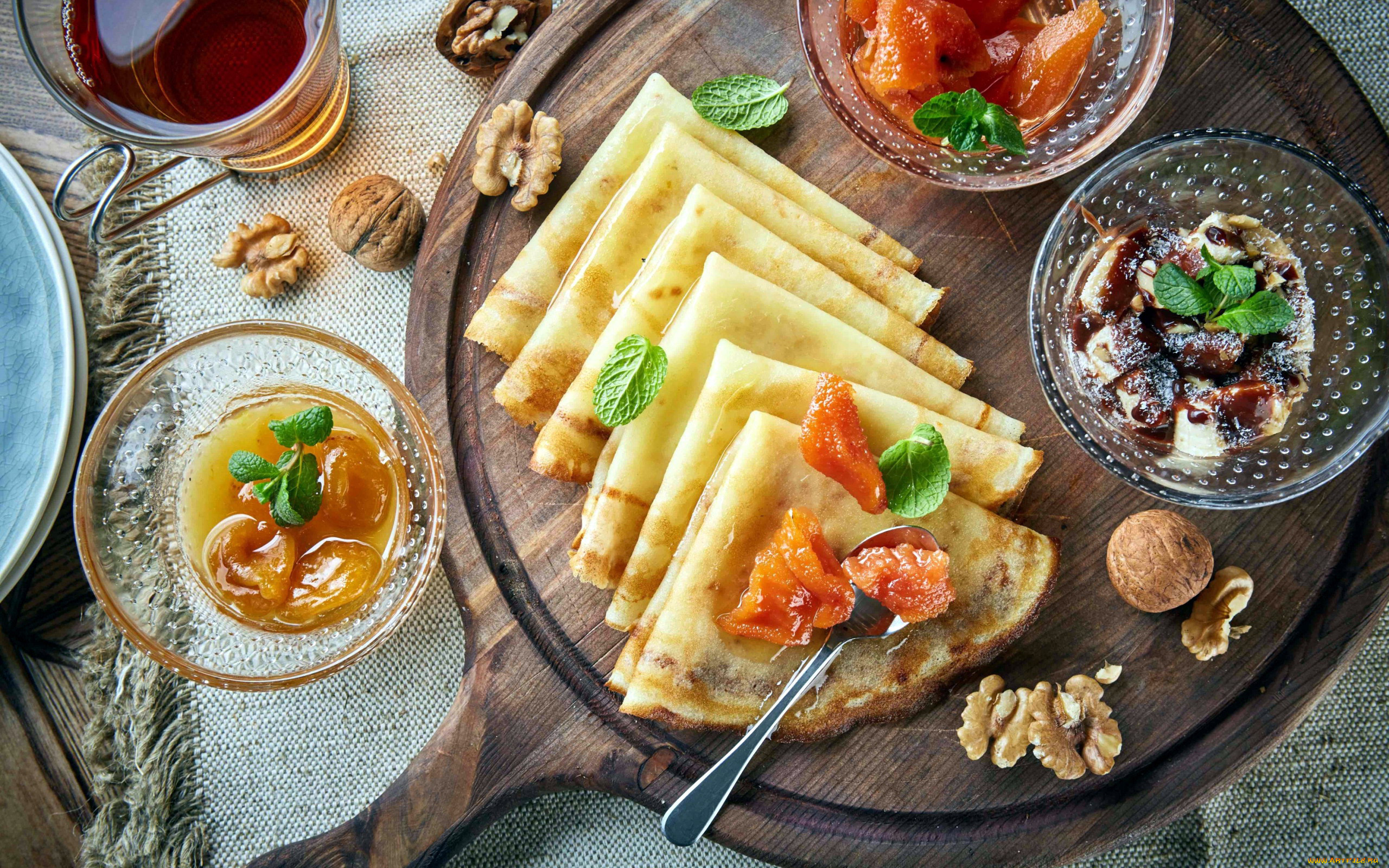 еда, блины, , оладьи, джем, орехи, блинчики