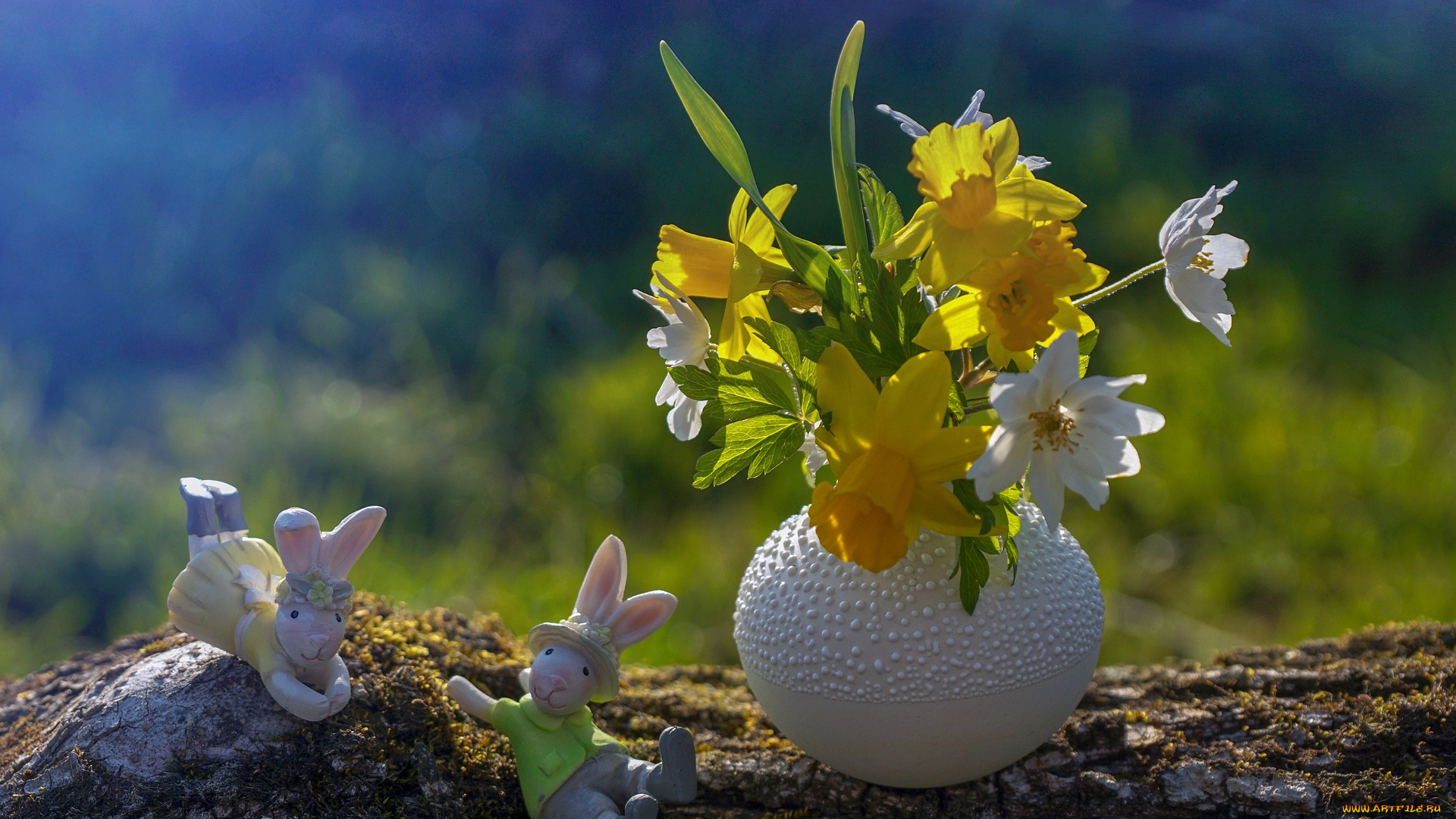 праздничные, пасха, ваза, цветы, зайчики, фигурки
