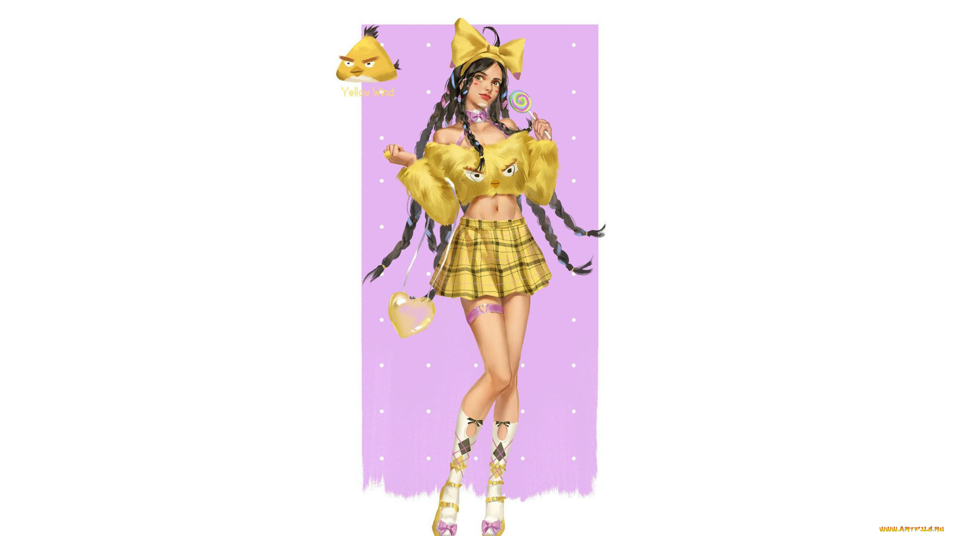 рисованное, люди, девушка, бант, косы, свитер, юбка, птичка