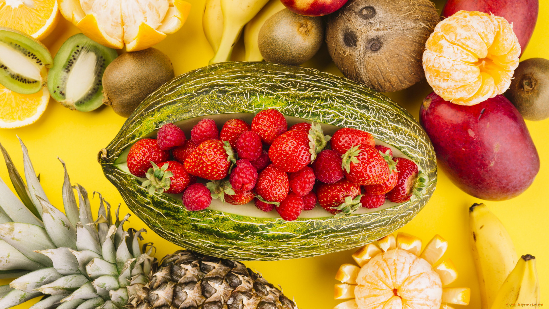 еда, фрукты, , ягоды, папайя, клубника, ананас, киви, мандарин, кокос