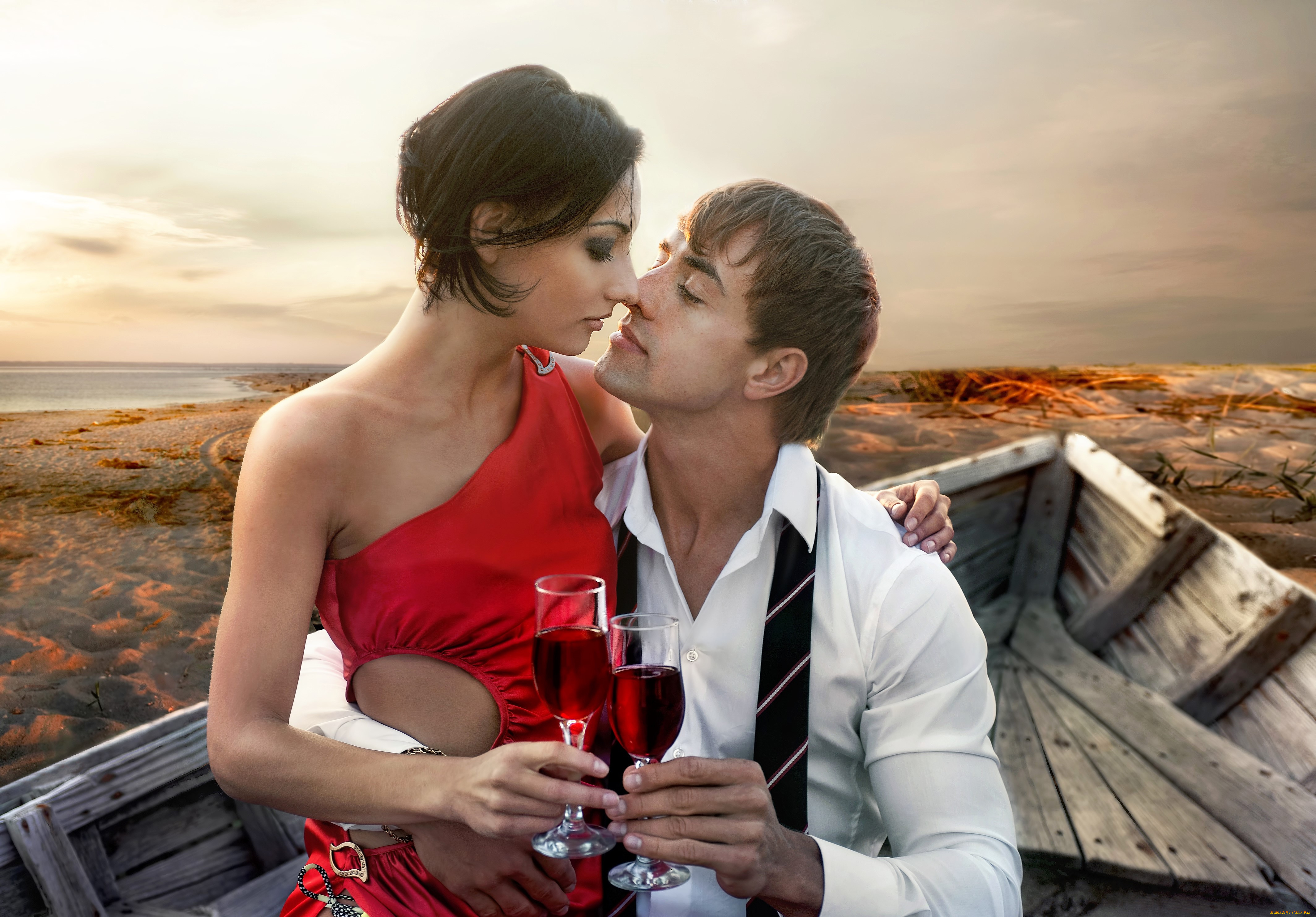 разное, мужчина, женщина, пара, бокалы, лодка, море, берег