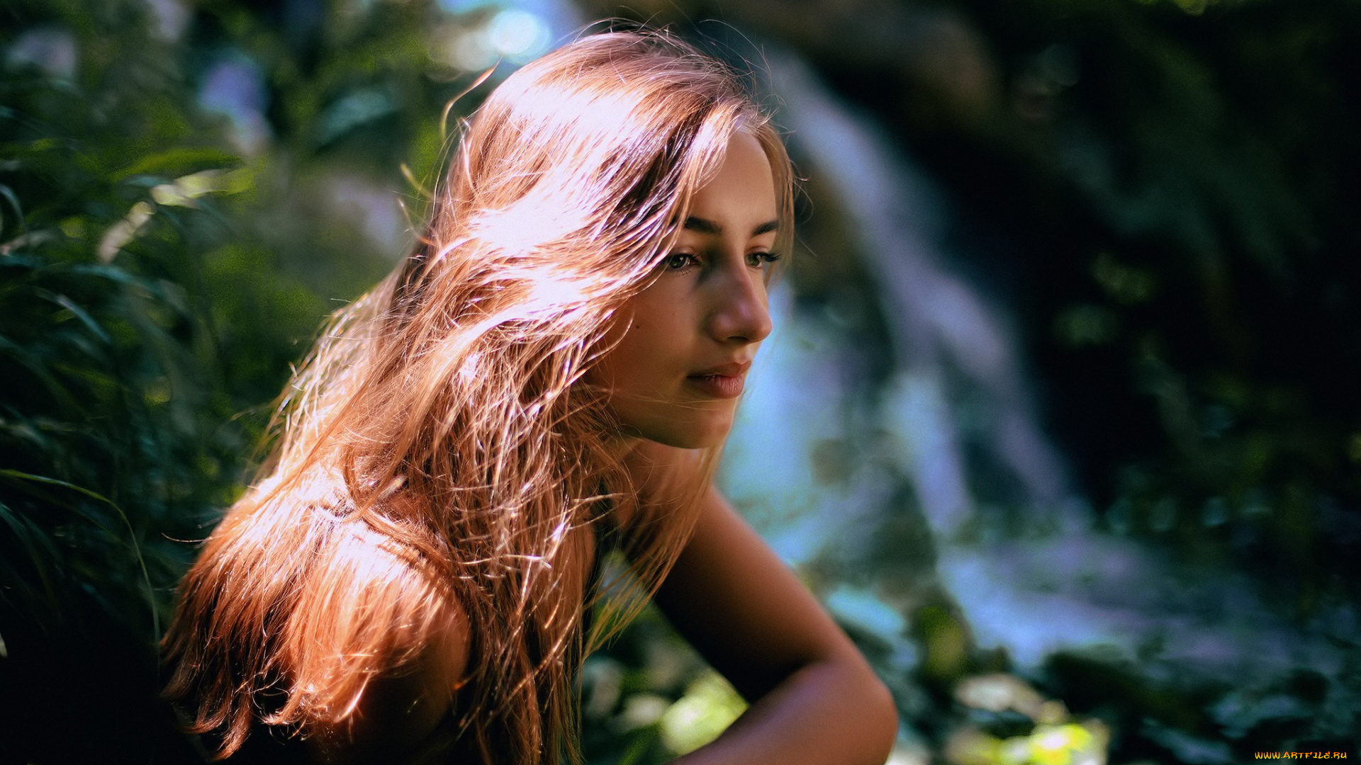 девушки, -, лица, , портреты, шатенка, лицо, лес, водопад