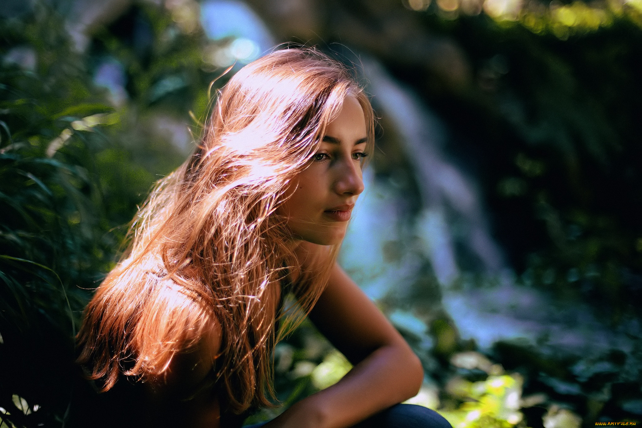 девушки, -, лица, , портреты, шатенка, лицо, лес, водопад