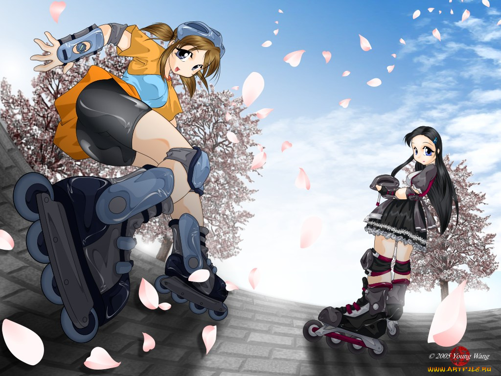 аниме, *unknown, другое, девушки, небо, облака, лепестки, ролики, дорога