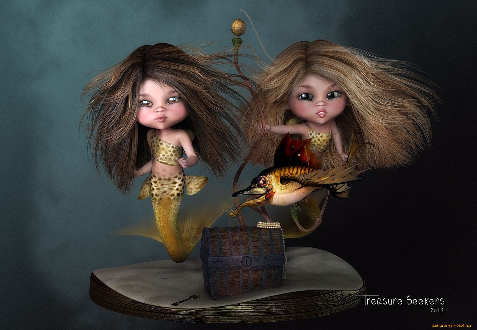 3д, графика, fantasy, фантазия, сундук, русалки, ключ, риба