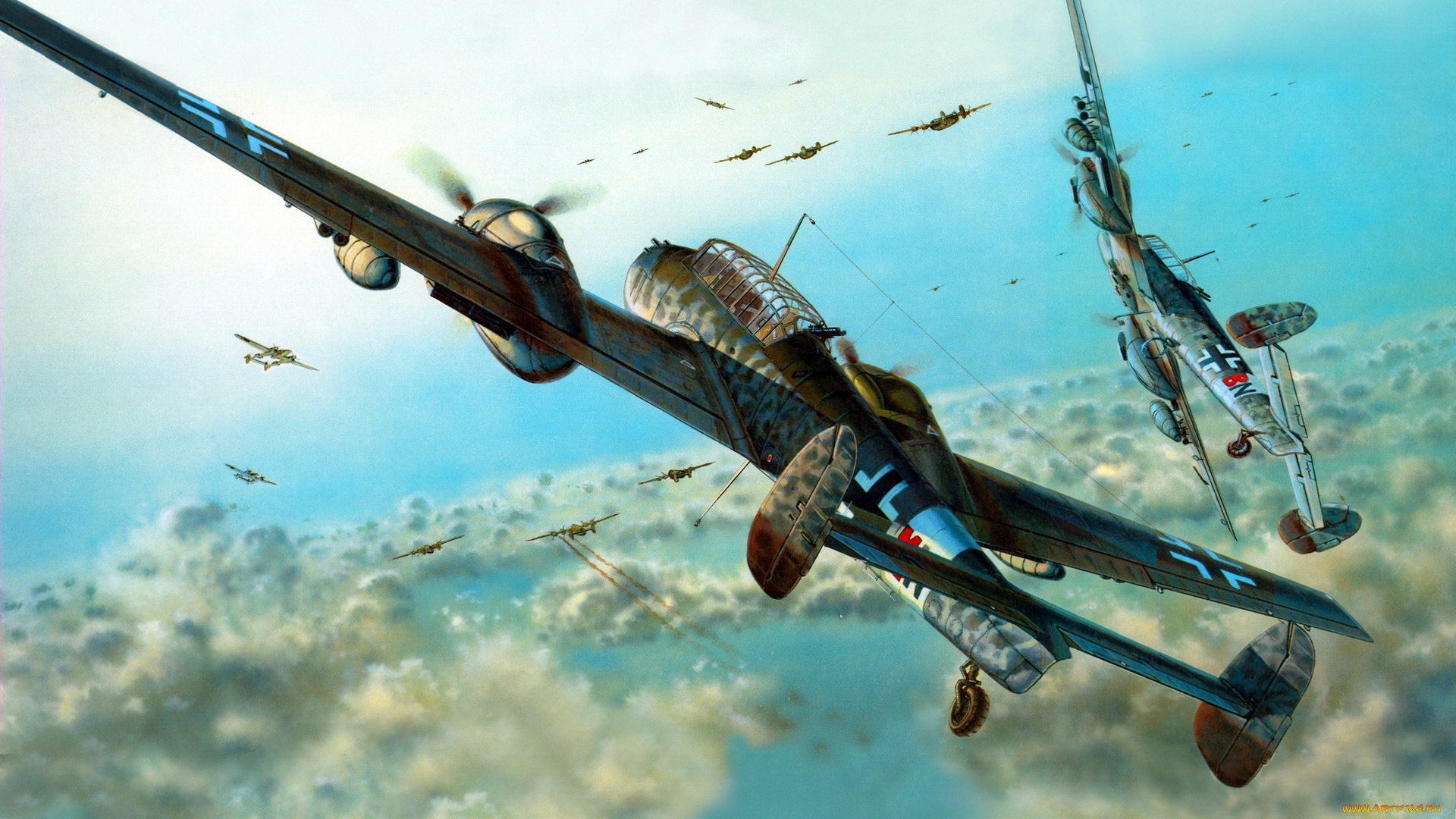 рисованные, авиация, облака, самолеты