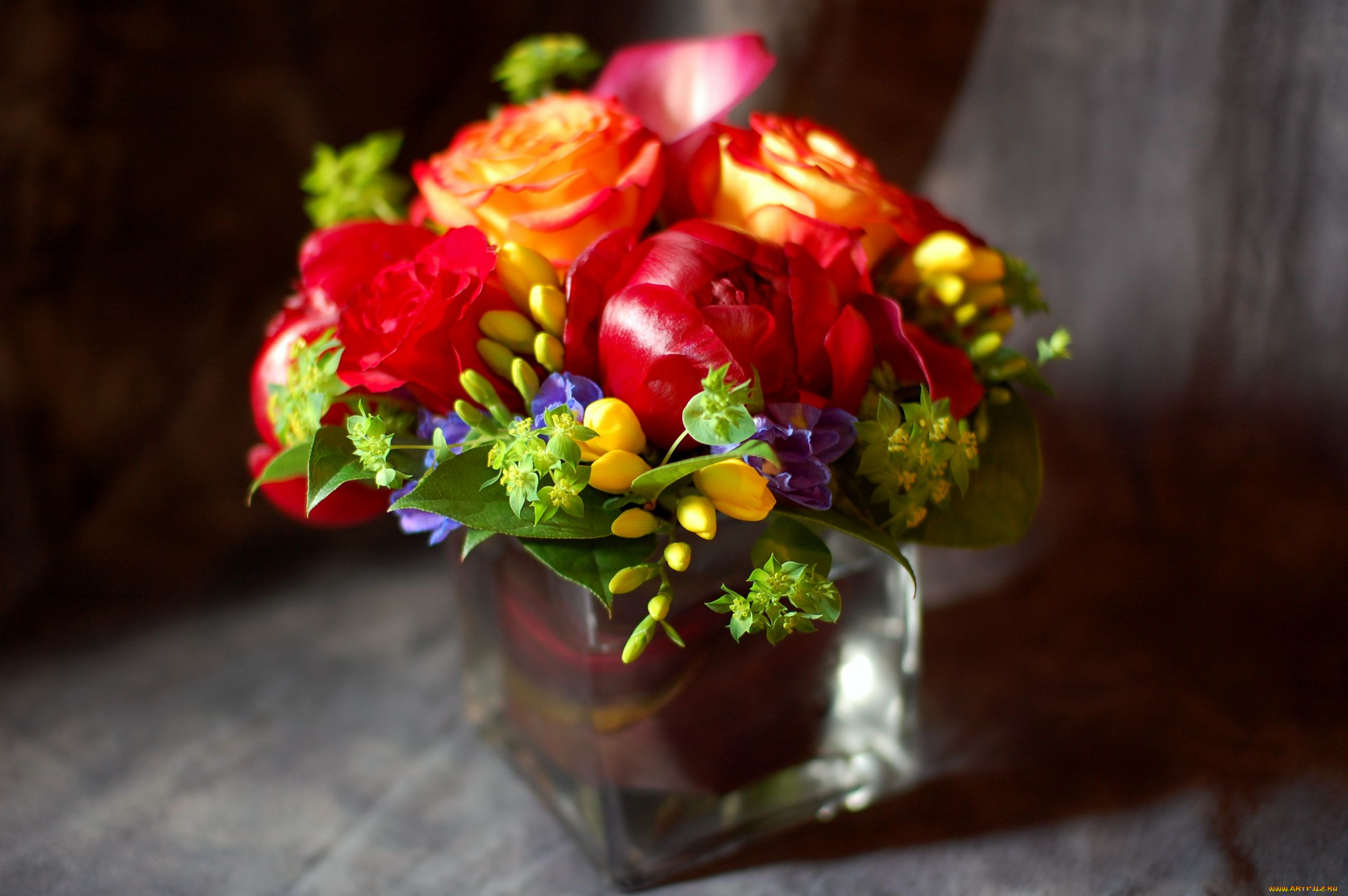 цветы, букеты, композиции, розы, пион, фрезия