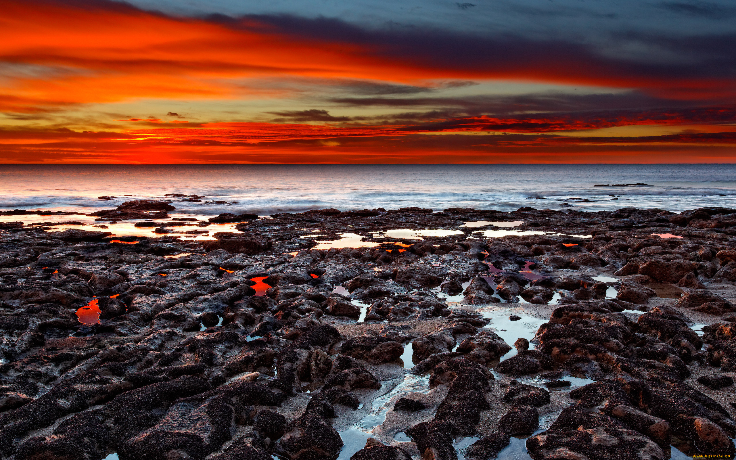 природа, побережье, закат, тучи, отлив, море