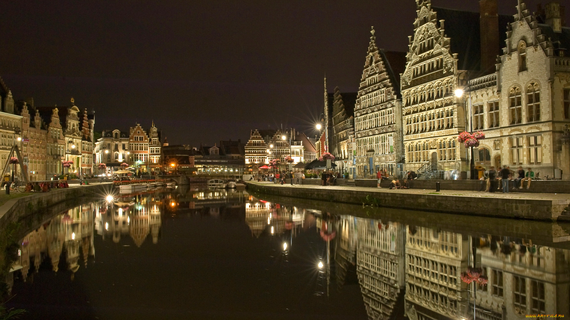 бельгия, гент, города, огни, ночного, река, дома, мост, ночь
